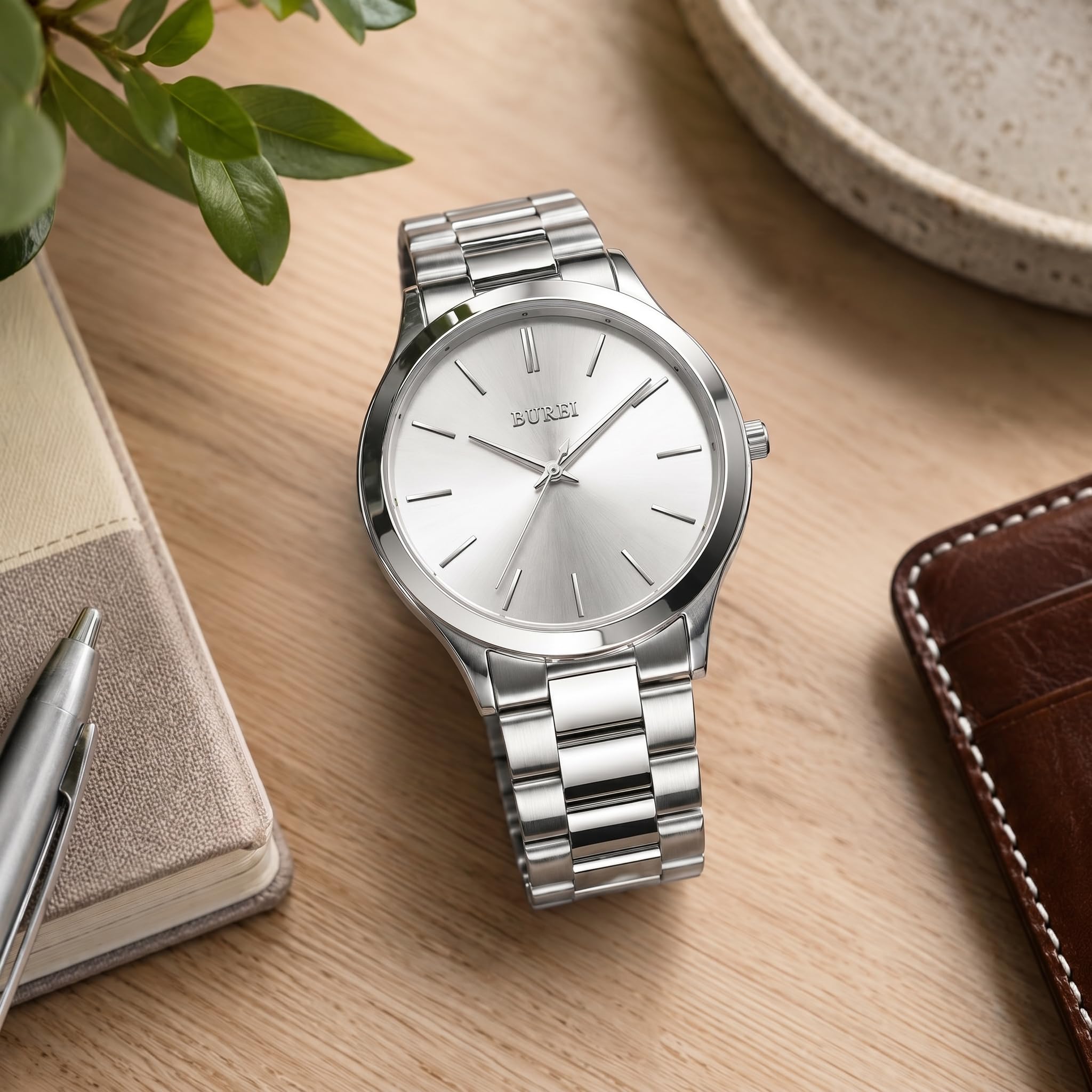 BUREI Reloj analógico de Cuarzo para Hombre, de Acero Inoxidable, para Negocios, Casual, Moderno, Minimalista, para Hombre