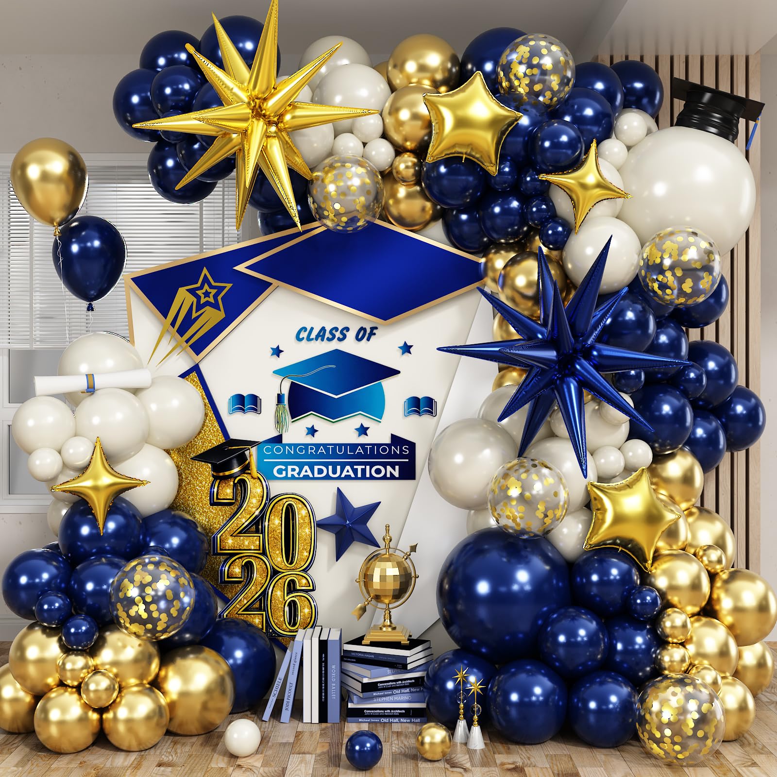 Graduation Balloon Garland Arch Kit, Navy Blue and Gold Balloons Explosion Star Foil Balloons Royal Blue Metallic Gold White Latex Balloon for Class of 2026 Congrats Grad Prom Birthday Party Decor