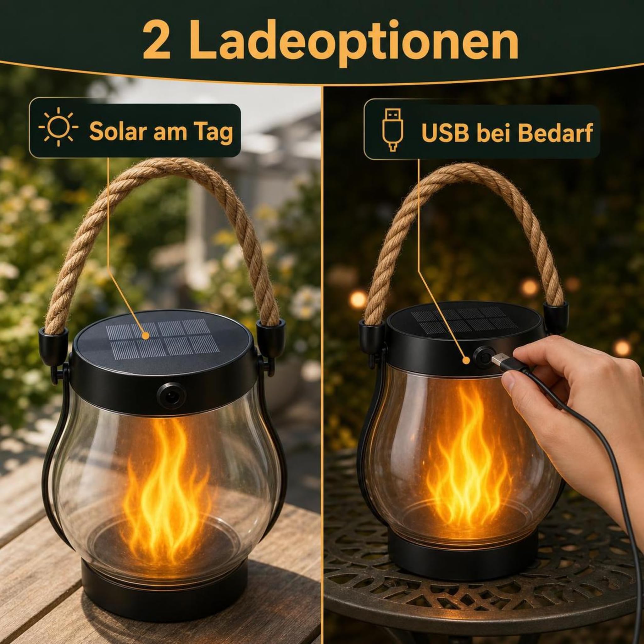 Klynero Solar Laterne mit Flammeneffekt und USB-Ladung für Halloween (2 Stück)
