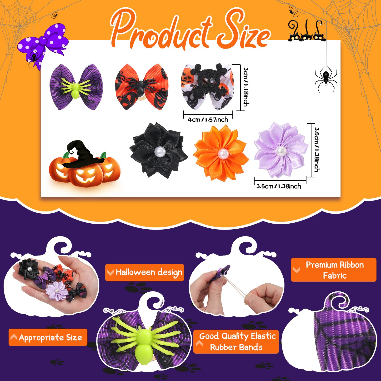 Xuniea 120 Pezzi Fiocchi di Pelo di Cane di Halloween con Elastici Fiocco di Fiori Fiocchi per Capelli di Cane Yorkie Fiocchi di Strass Perle Accessorio per Toelettatura di Cucciolo Piccolo