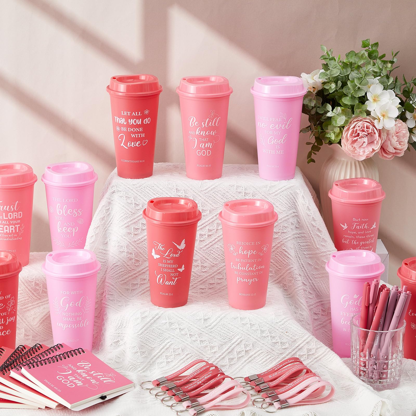 Skylety Set di 12 tazze da caffè da 48 pezzi, regalo cristiano, bibbia, religioso, con blocco note cristiano, penna portachiavi, per donne, personale, squadra, amici (sfumato rosa)