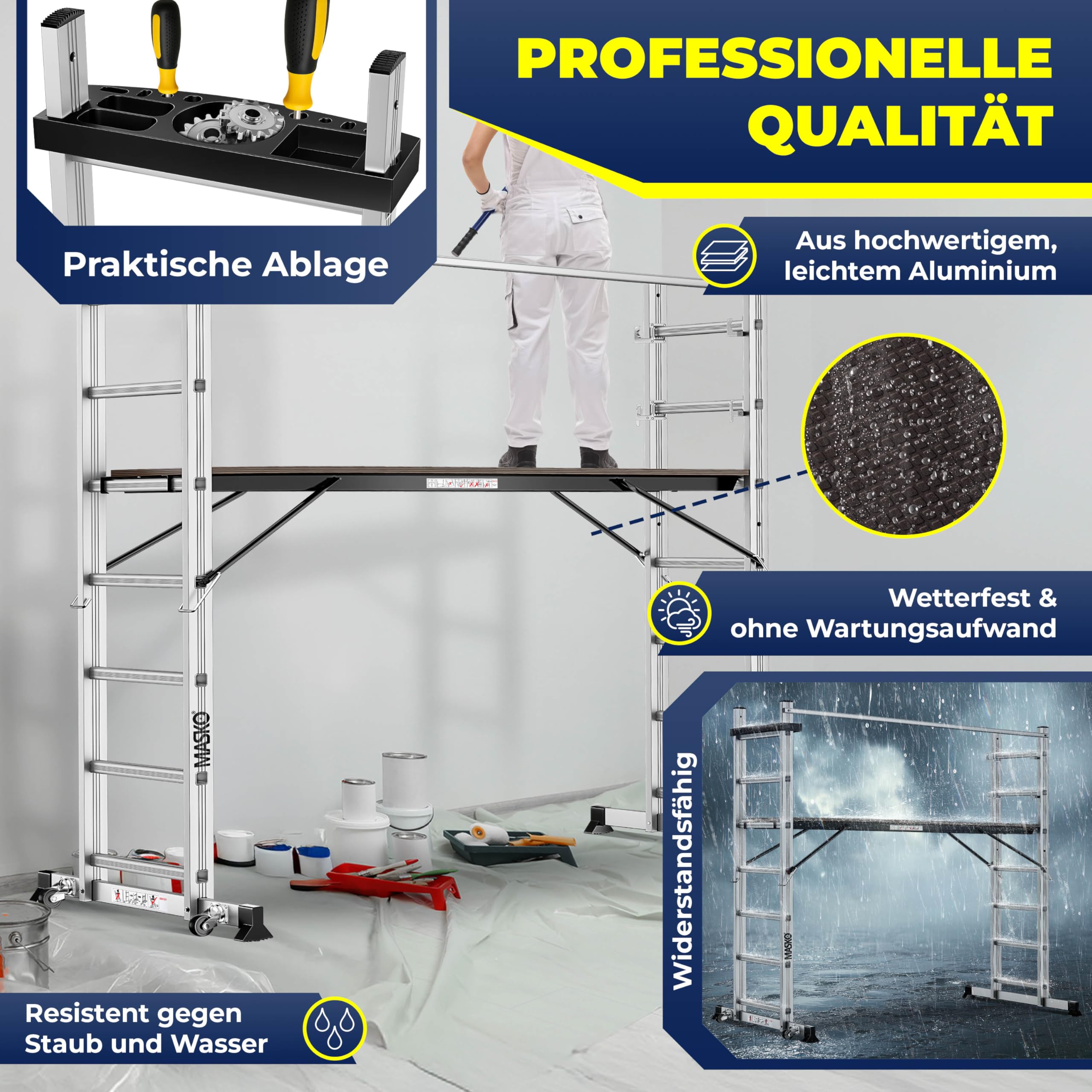 Masko Échafaudage en aluminium - Échelle simple - Échelle fixe - Échafaudage - Échelle d'escalier - Plateforme de travail - Charge maximale : 150 kg - Revêtement antidérapant - Certifié GS (EN 131)