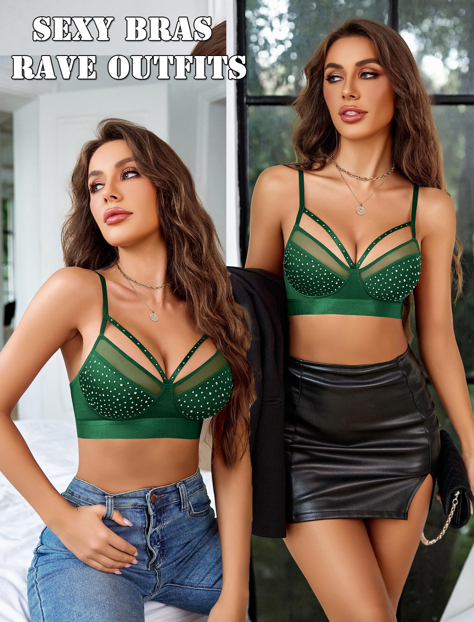 Avidlove Sexy Bras for Women Rhinestone Wireless Bralettes Lace V Neck Wirefree Bra Strappy Rave Outfit NO Padded: Green XX-Large