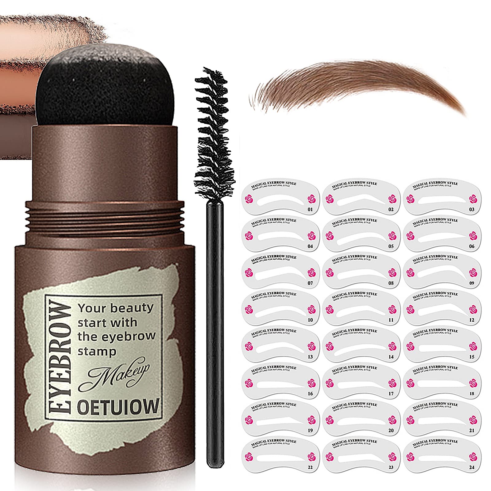 Eyebrow Stamp Stencil Kit - One Step Brow Stamp Shaping Kit Long-Lasting Waterproof, 3 in 1 Hairline Shadow Powder with 24 Reusable Eyebrow Stencils Hair Root Bronzer Light Brown