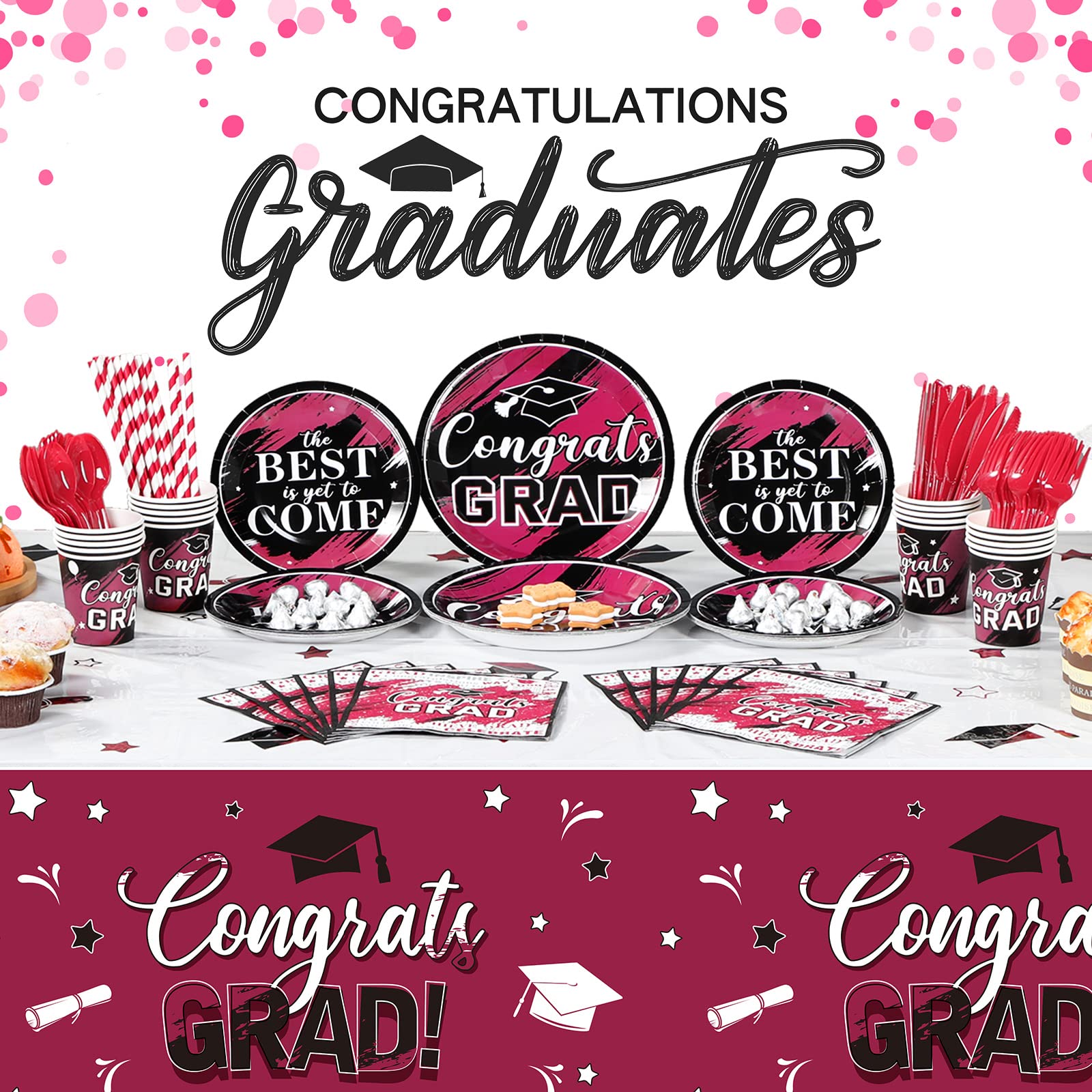 193 Pcs Congrats Grad Party Supplies Set Graduation Decoration Class of 2023 Graduate Tablecloth Cups Plates Napkins Tableware for Event Celebration Party Supply, Serves 24 (Maroon and White)