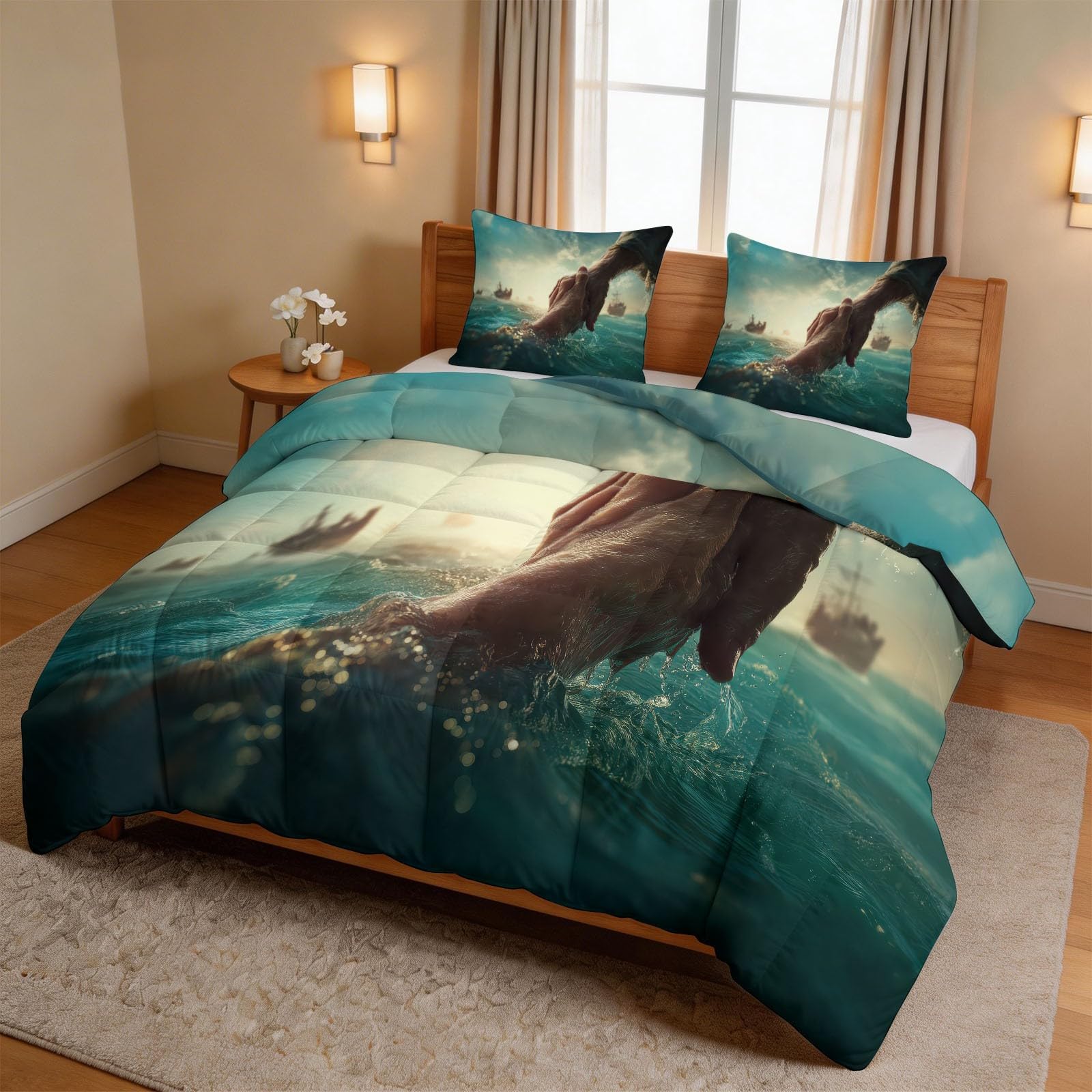 Kołdra bez poszewki, nowoczesna kołdra do spania, 200 x 200 cm, 4 pory roku, światło, cień, dłonie, ocean, pikowana, ciepła, miękka, oddychająca kołdra do spania dla dorosłych, nadaje się do prania