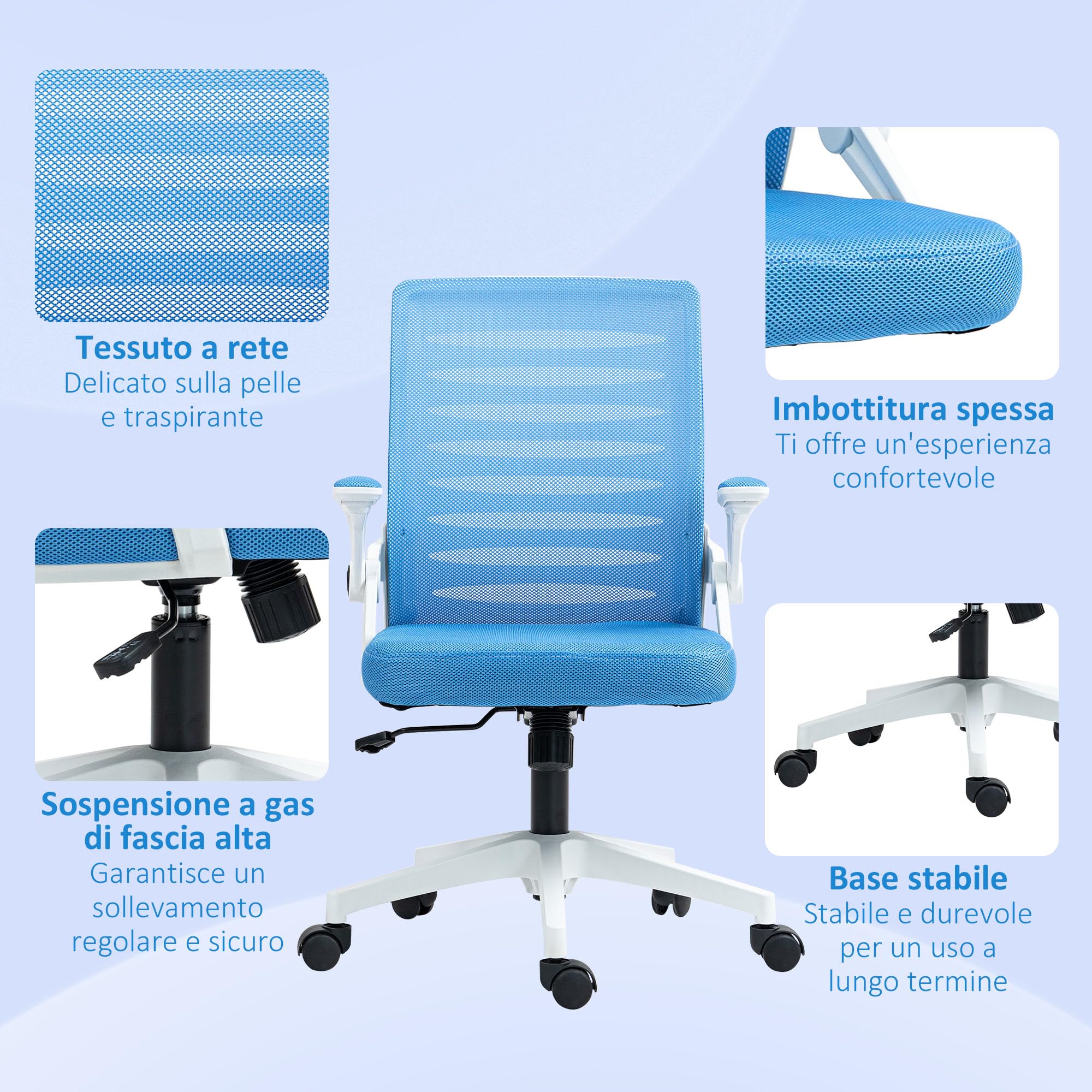 Vinsetto Sedia Ergonomica Ufficio Girevole 54x54x89-99 cm Bianca e Azzurra