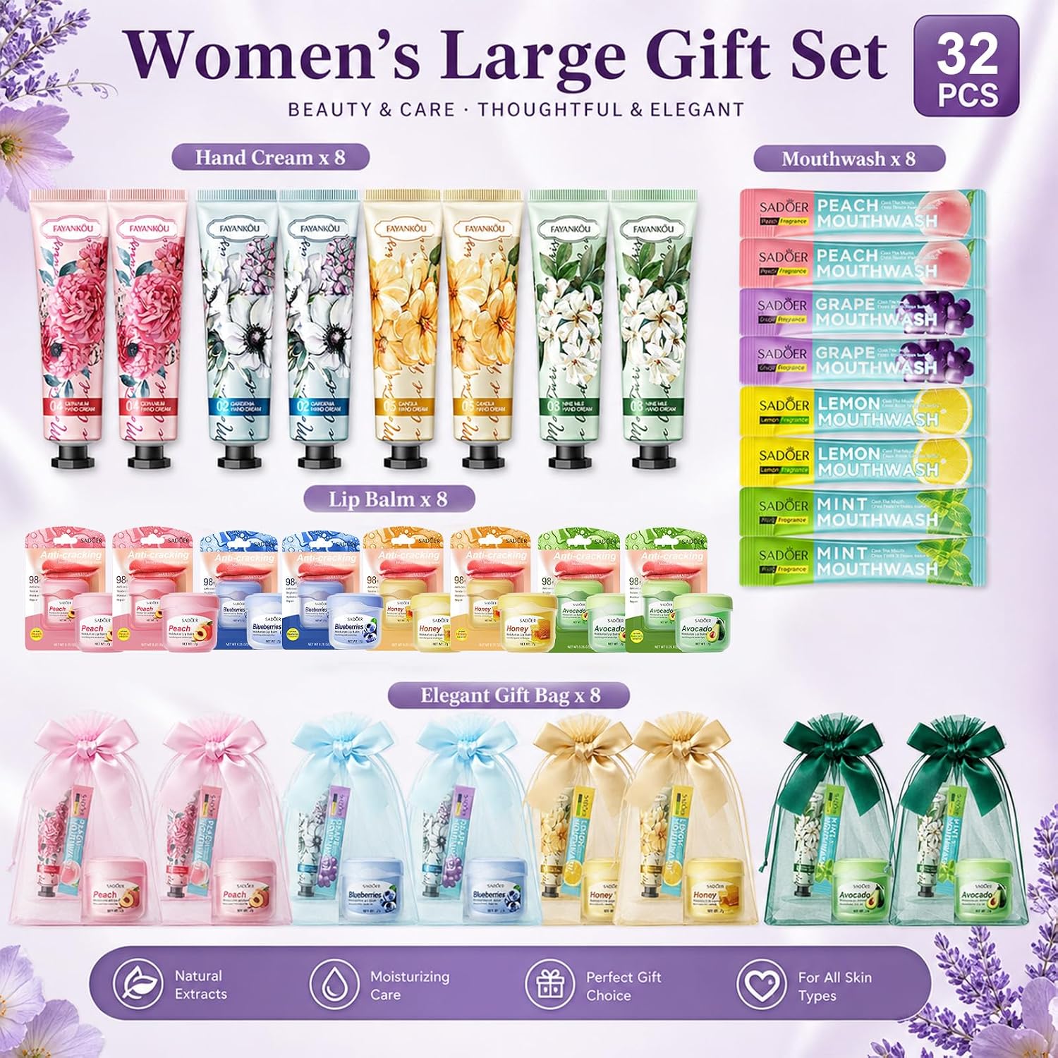Party Favors for Women Guests, 32 Pcs Small Gifts Bulk Set with Hand Cream Lip Balm Mouthwash in Organza Bags, Bridal Baby Shower Thank You Prizes (32 PCS)