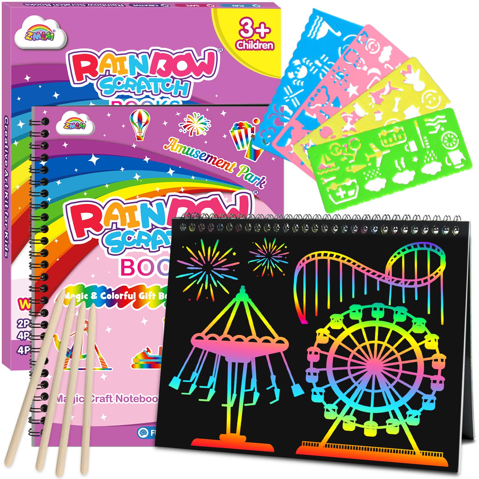 ZMLM Scratch Art for Kids, 2 Pack Rainbow Scratch Notebooks(Amusement Park)