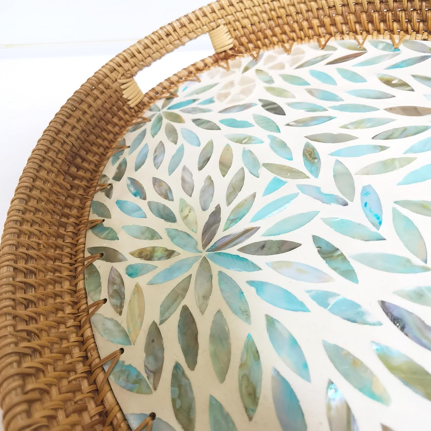 i-lan 17 Inch Blue Mother of Pearl Inlay Rattan Serving Platter,Rattan Coffee Bread Tray Display with MOP Inlay Wooden Base, Decorative Wicker Basket for Table Decor, Storage of Fruit,Candy