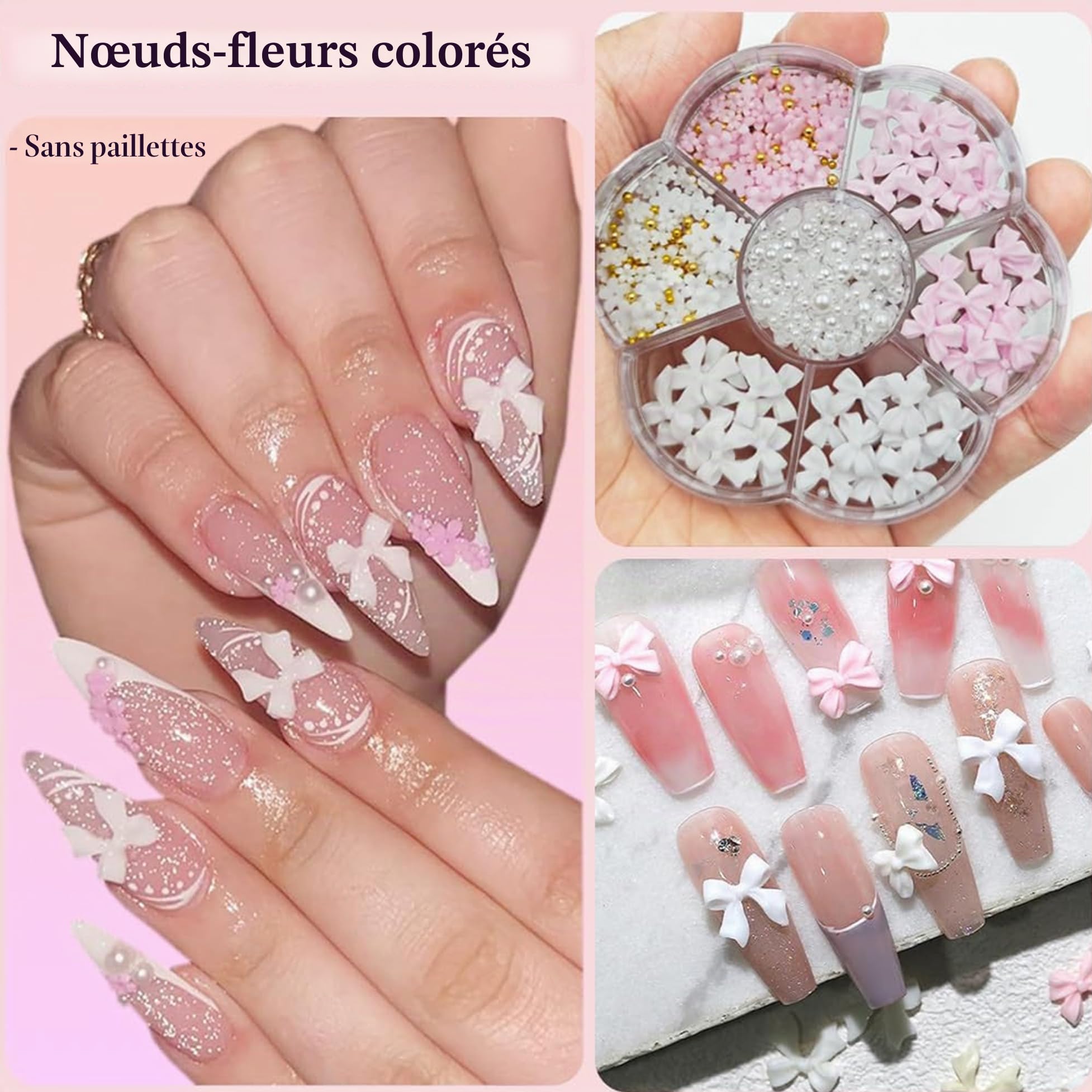 Lot de 2 boîtes de breloques pour ongles 3D (nœud, fleur, demi-perle), fleurs roses pailletées et nœuds, accessoires décoratifs pour manucure et loisirs créatifs