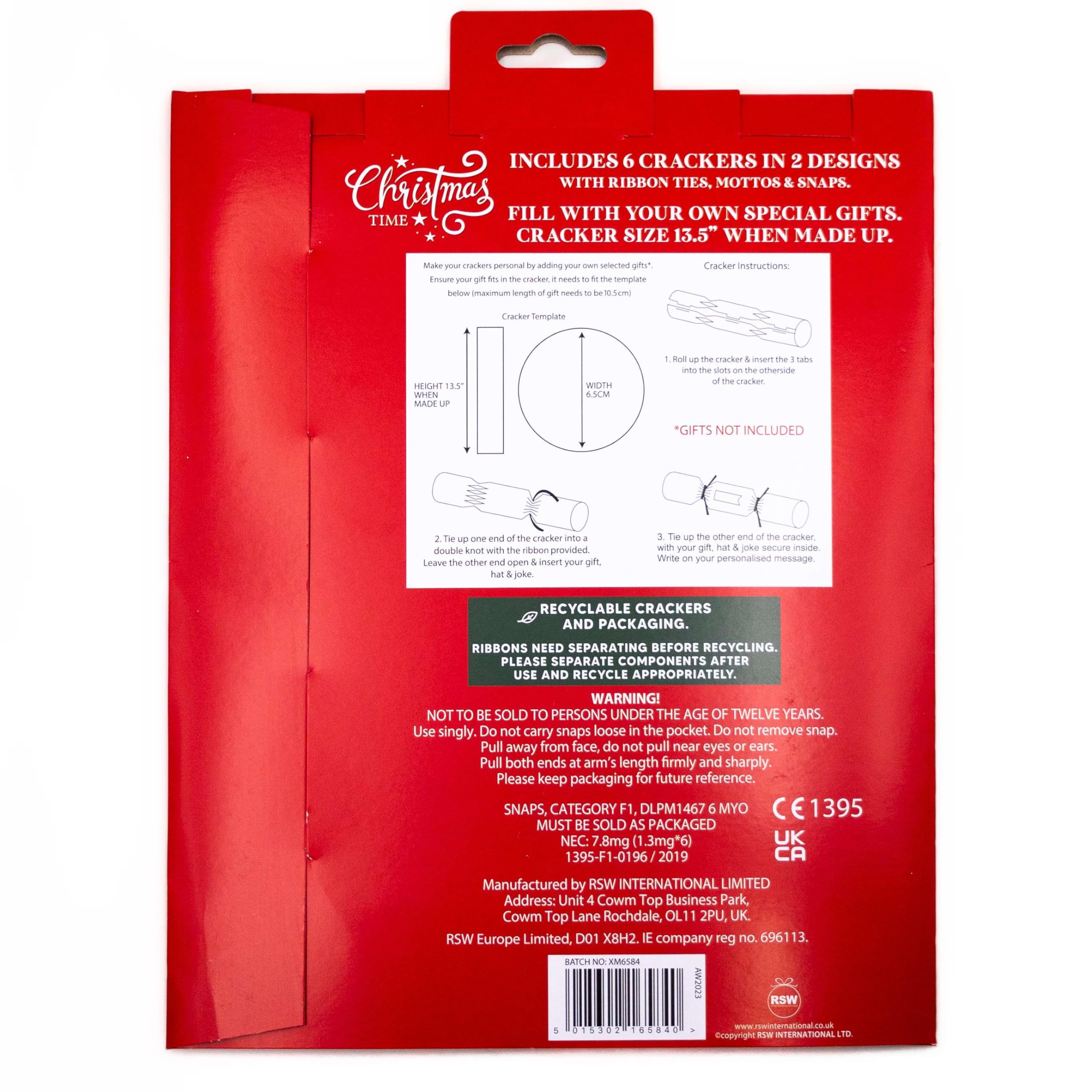 Christmas Time – Make Your Own Large Eco Christmas Cracker – Pack de 6 – Rojo y Blanco