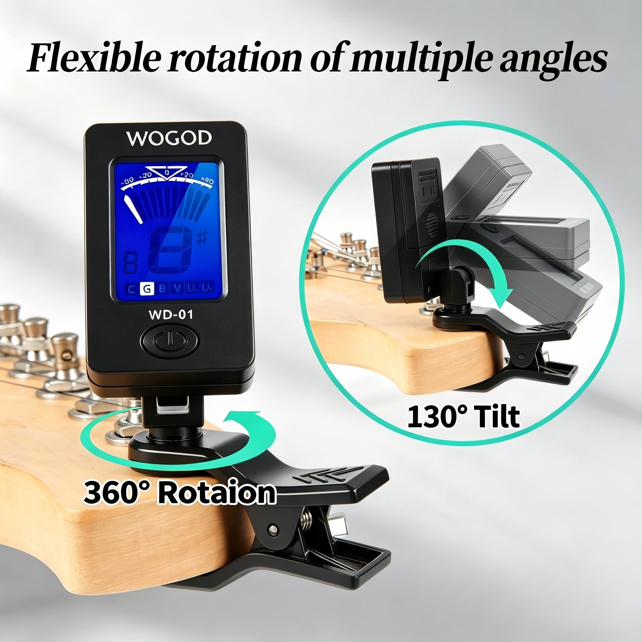 Afinador de guitarra con clip para ukelele y violín, afinador cromático para bajo, afinador de guitarra eléctrica y acústica