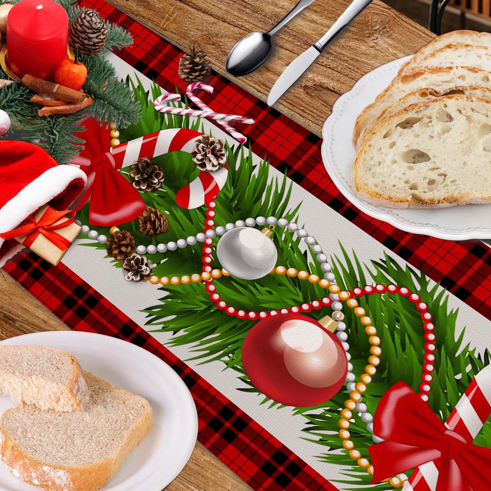 Runner Tavola Natale 183x33cm Rosso - Stampe Stelle E Agrifoglio, Poliestere Lavabile - Foto 8