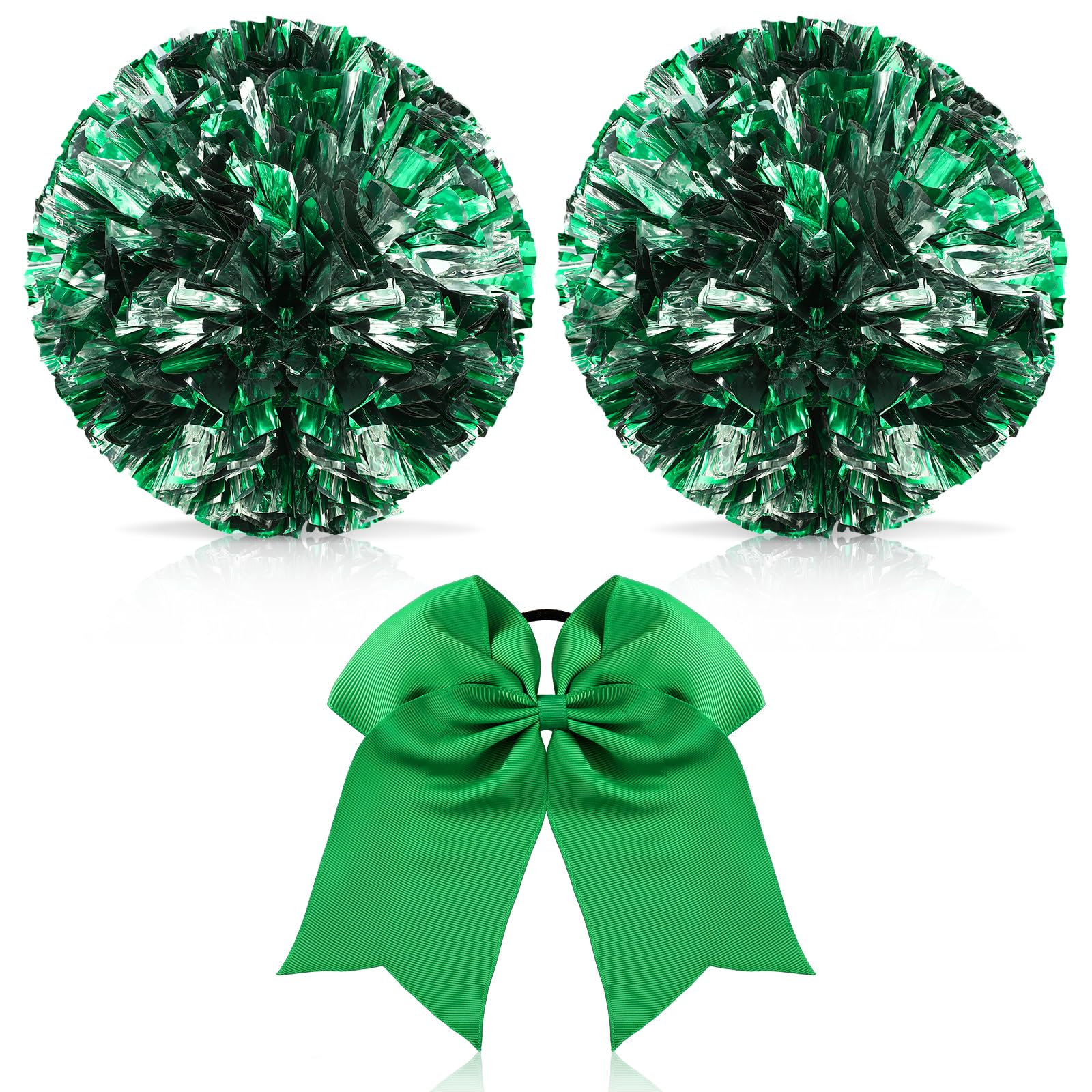 Hanaive 3 Pcs Cheerleading Pom Poms and Large Cheerleader Hair Bow Metallic Cheer Supplies for Team Spirit Sports Dance Cheering
