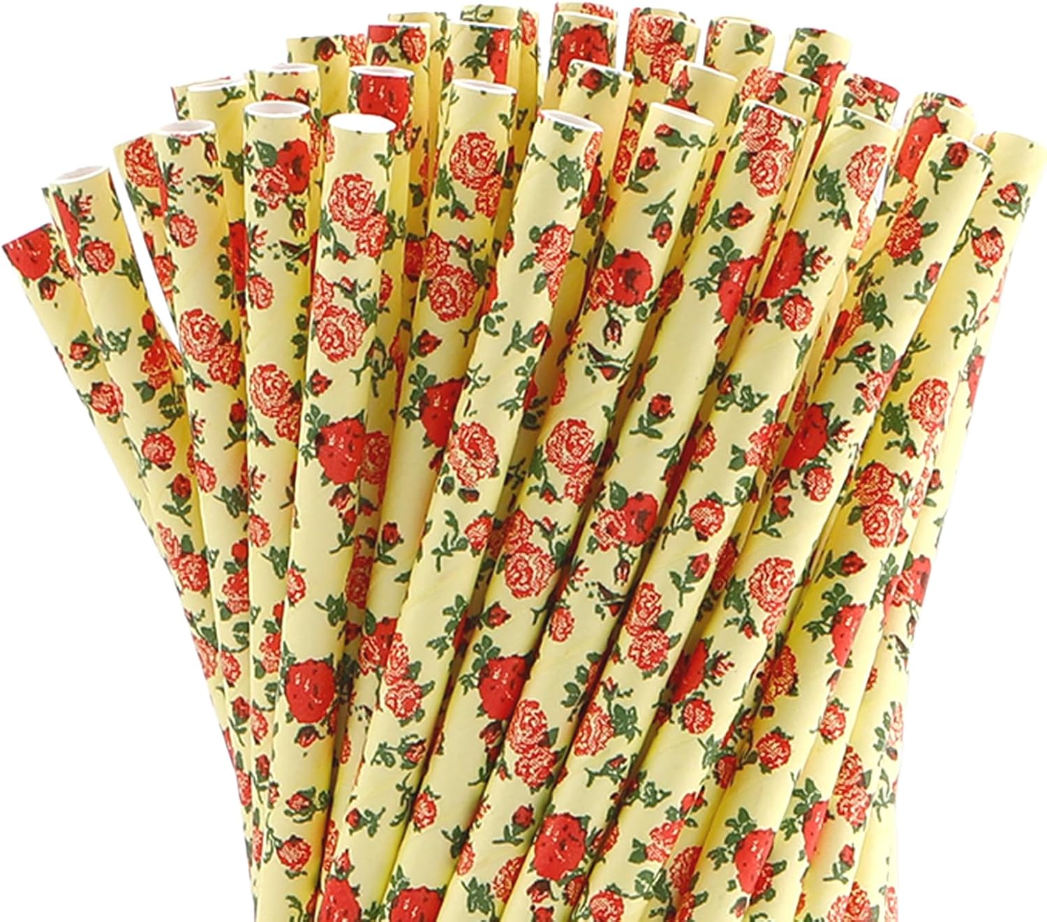 100PCS Yellow Floral Biodegradable Paper Straw with Rose Pattern,Flower Party Straws for Girls Birthday, Wedding, Bridal Shower, Cocktail & Juice Decorations, Pastel Pink Party Supplies