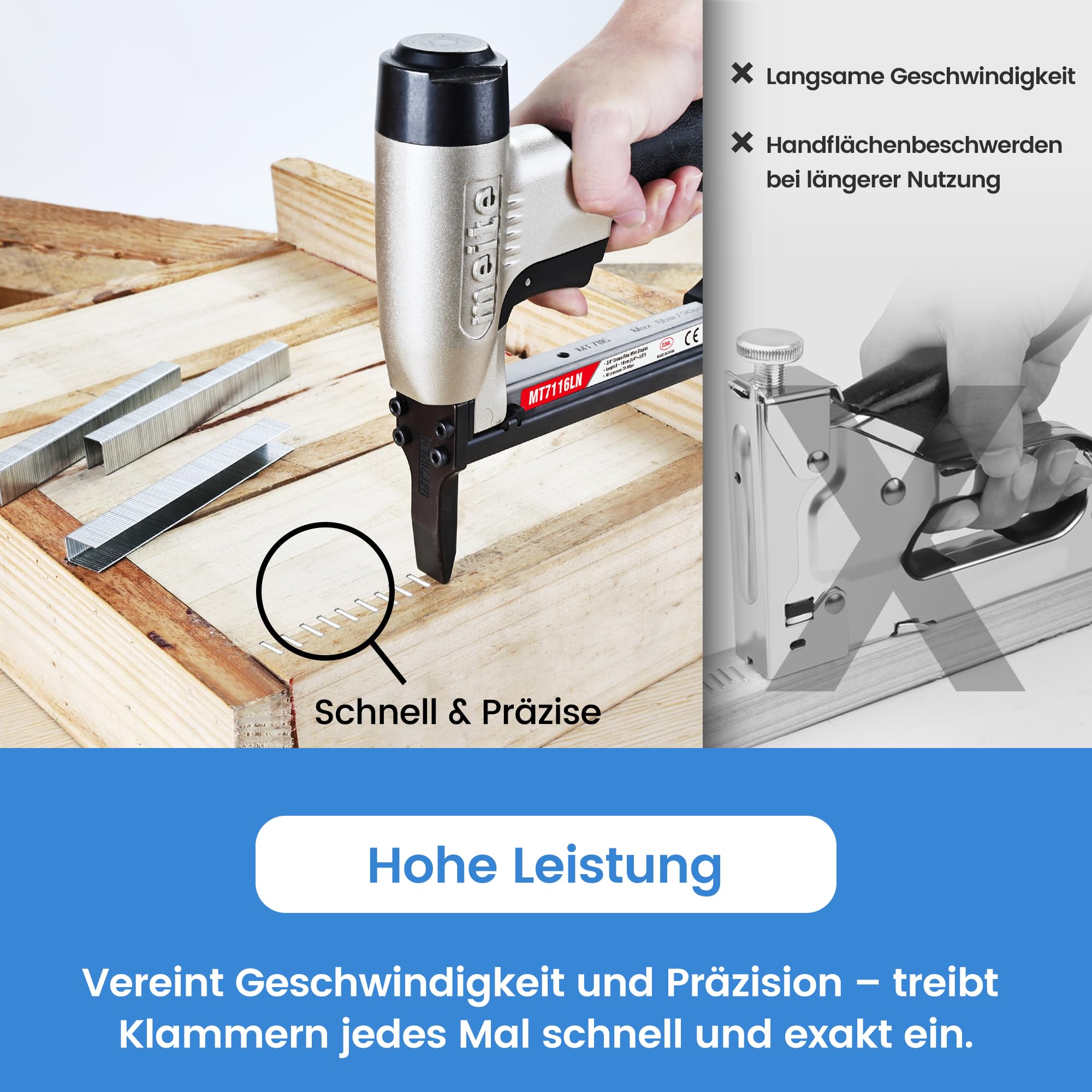 meite MT7116LN Drucklufttacker Typ 71 mit Langnase, Druckluftnagler für 6–16 mm 22Ga Klammern, Industrieller Feiner Langnasen-Drucklufttacker für Polster und Holzarbeiten