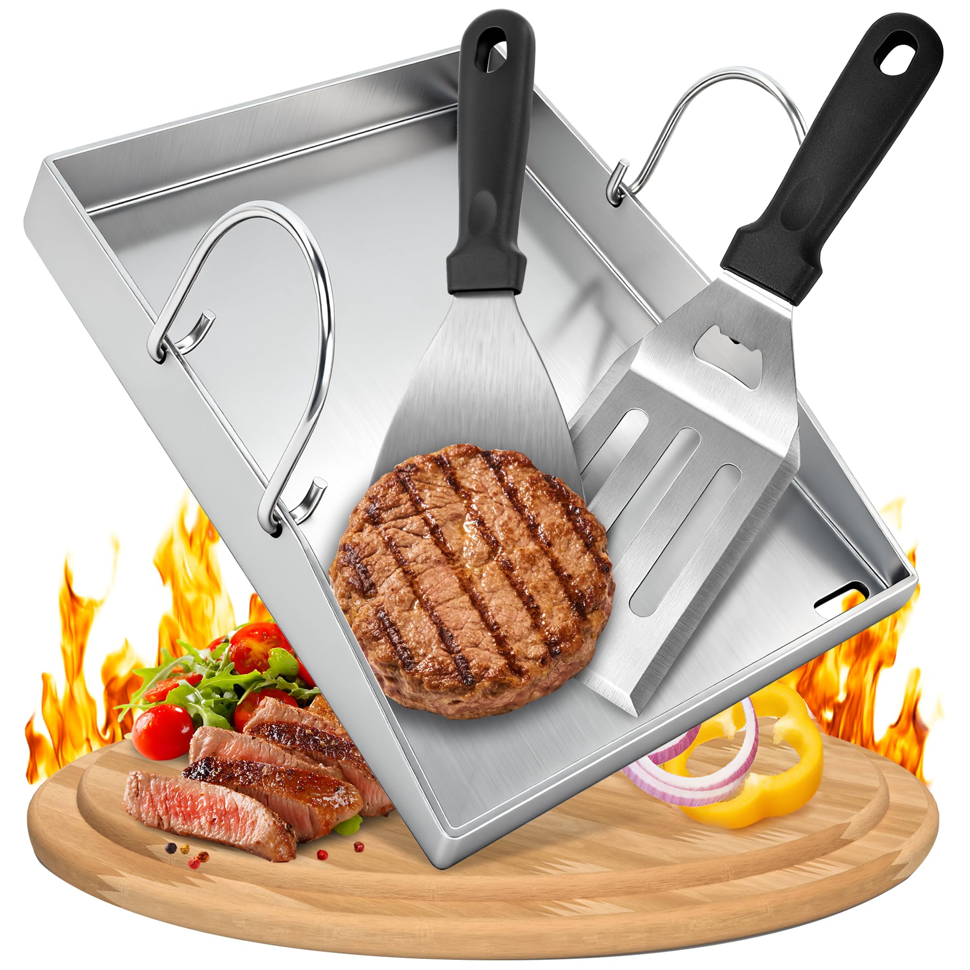 Edelstahl Plancha Grillplatte 40x30cm, 4mm Massiv plancha platte mit Grillzubehör,Grillspachteln Set, für Gasgrill und Holzkohlegrill