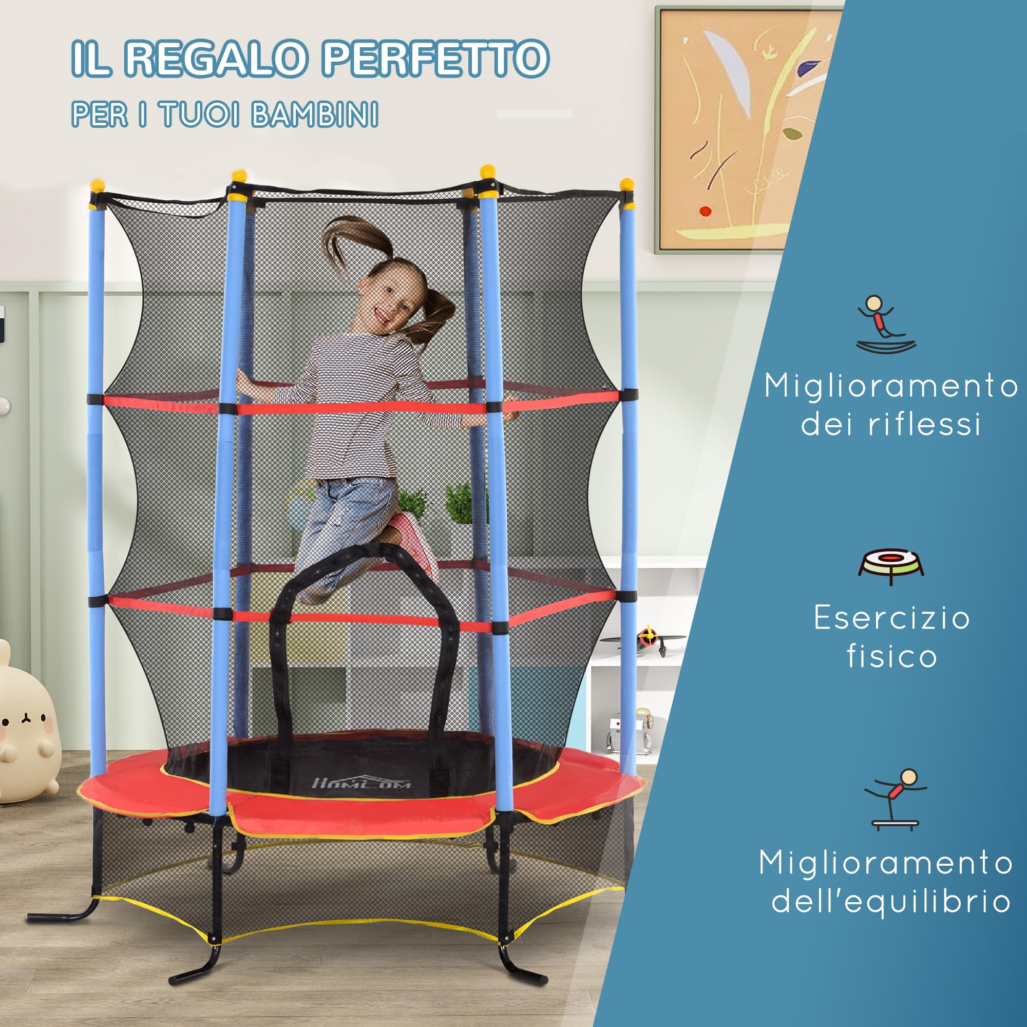 HOMCOM Trampolino Elastico per Bambini Età 3-10 Anni Ø175 x 190 cm Blu | Con Rete di Sicurezza, Tappeto Elastico, Pali Imbottiti, per Interno ed Esterno