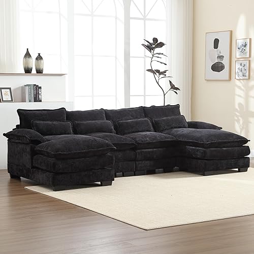 110 Inch Extra Large Modular Sectional Sofa, Modern Chenille U-Shaped Sofa with 4 Cushions, Memory Foam Sofa with Double Lounger for Living Room, Office, Reception Room,Black