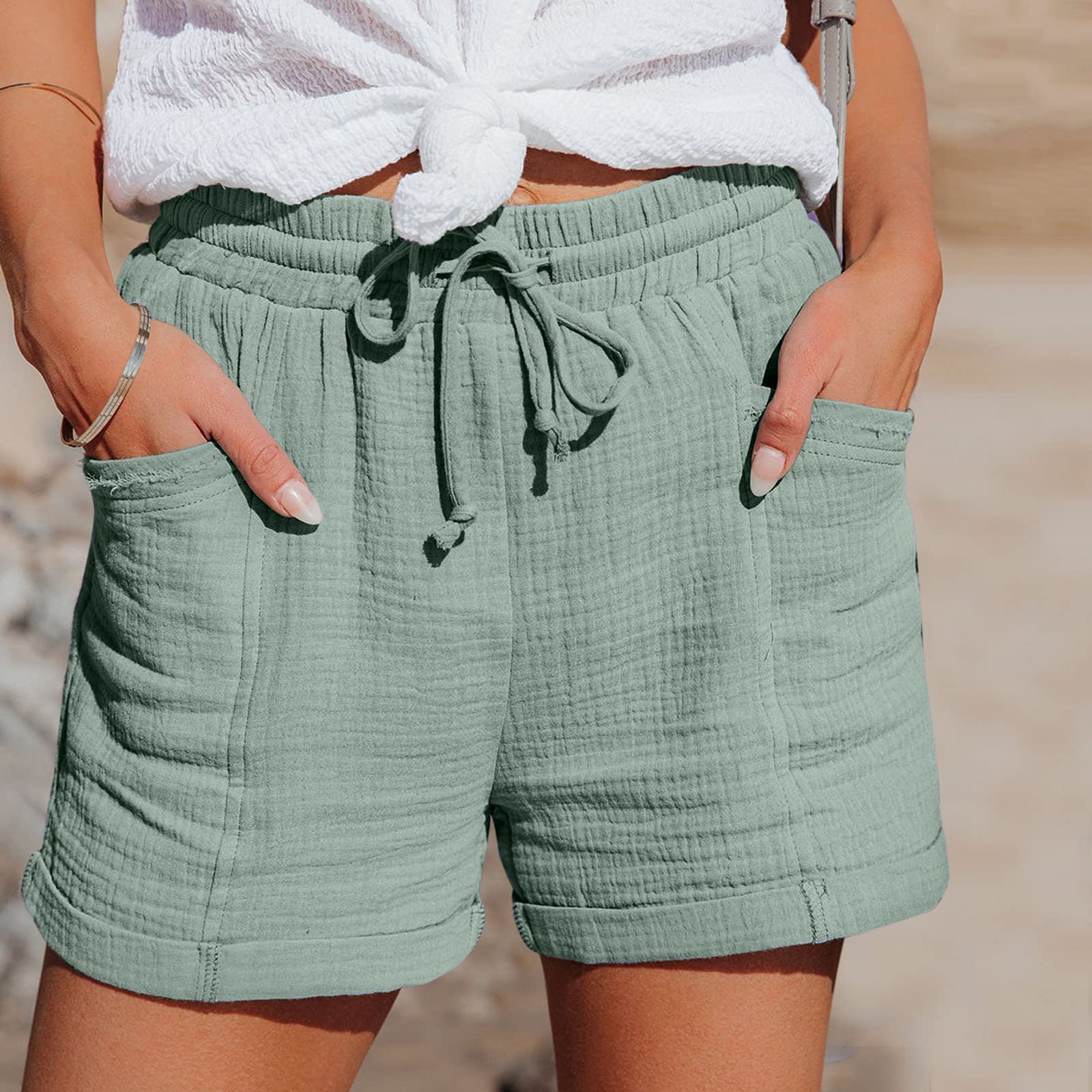 Kurze Hose Damen Shorts 2026 Sommerhose Leicht Musselin Kurze Hose Leinenhose Sommer Leinen Short Beach Hosen Mit Taschen Leicht Stoffhose Kleid Stretch Gerades Bein Kordelzug Hosen Clothing - 3
