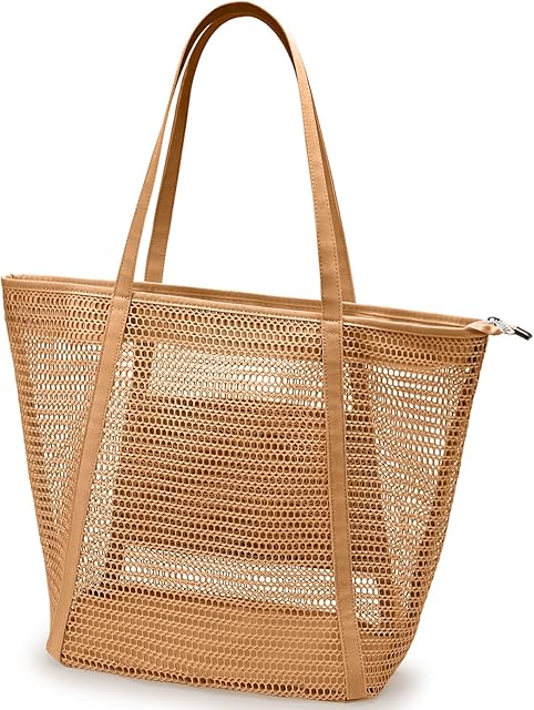 KALIDI Summer Beach Bag, Mesh Tote Bag for Women, Large Casual Shoulder Bag with Zipper Inner Pocket for Travel Daily Pool Gym Picnic, Lightweight Shopping Grocery Bag