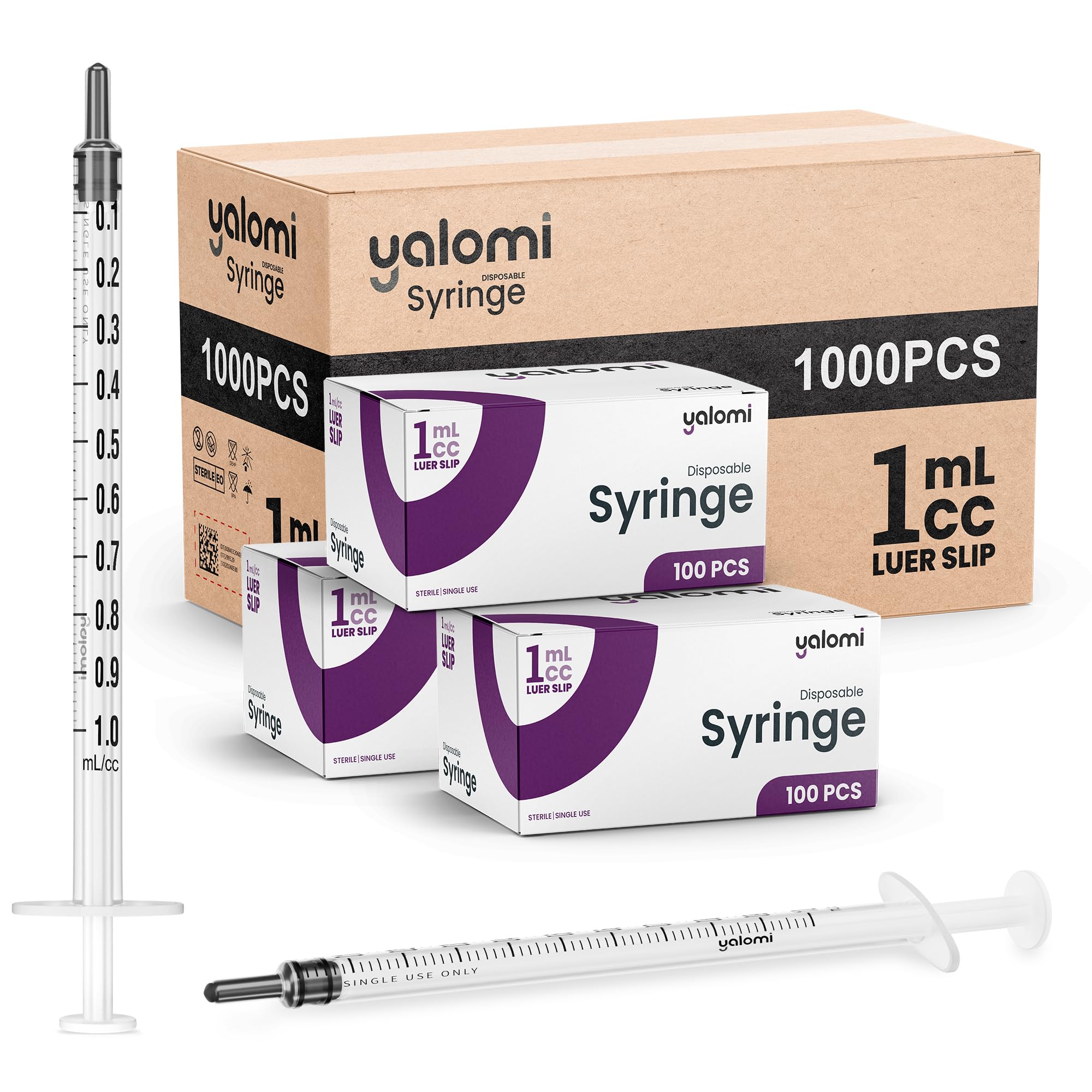 Estuche a granel – Jeringa Luer Slip de 1 ml (sin aguja) | 1000 piezas (10 x 100) | Yalomi | Estéril y envuelto individualmente, uso profesional, industrial y personal