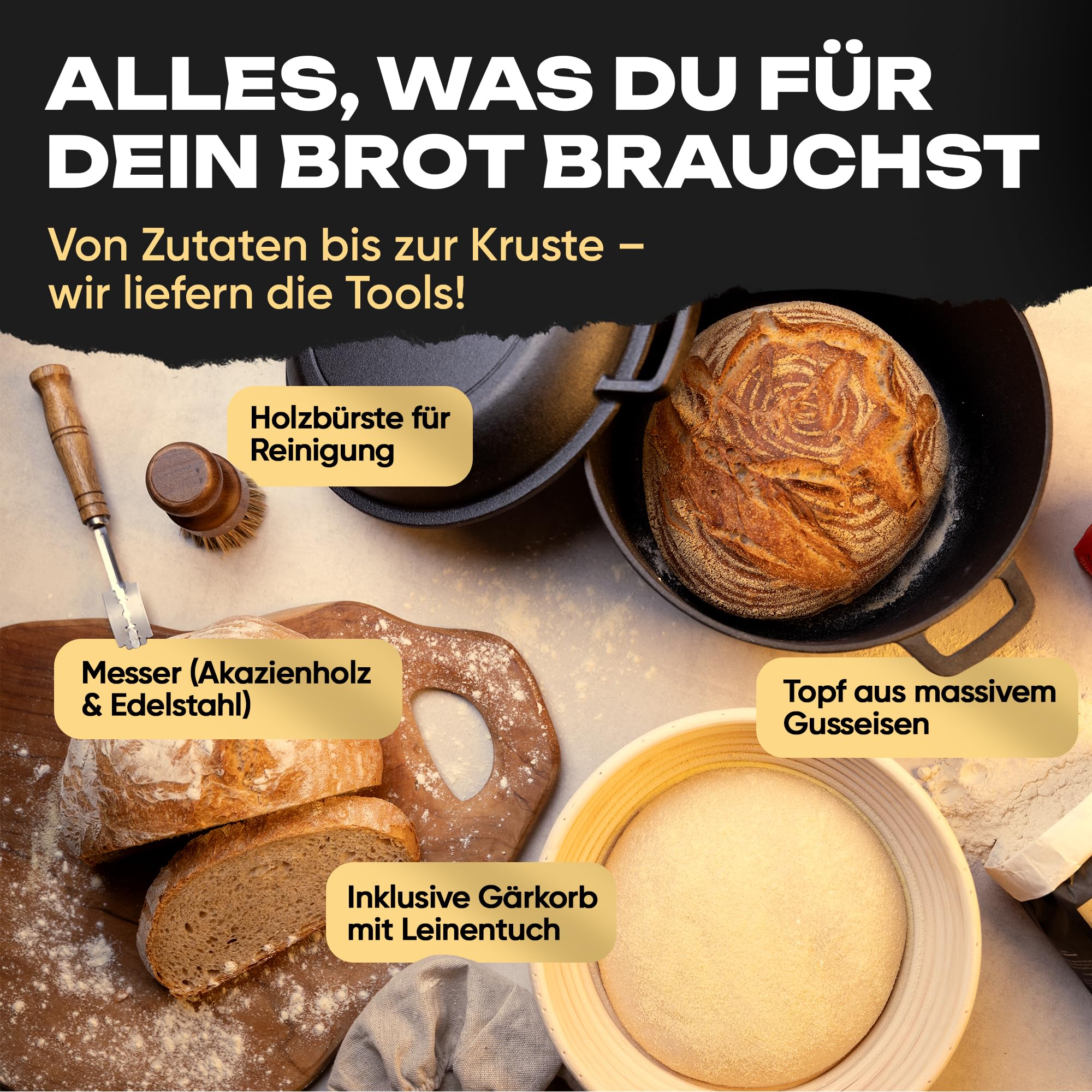 Delicret Gusseisentopf Einsteiger-Set für Brot backen, Gärkorb & Zubehör