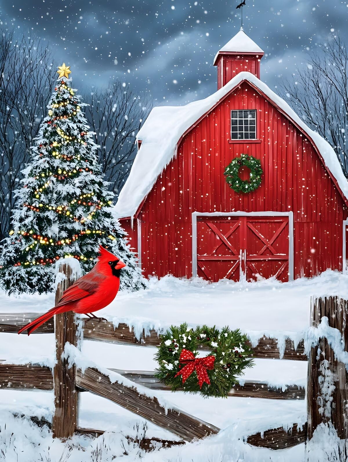 IMLQJES Christmas Barn Diamond Painting Kits - Winter Diamond Art Kit for Adults - Red Barn Red Bird in The Snow 5D Full Round Drill Gem Art - Red