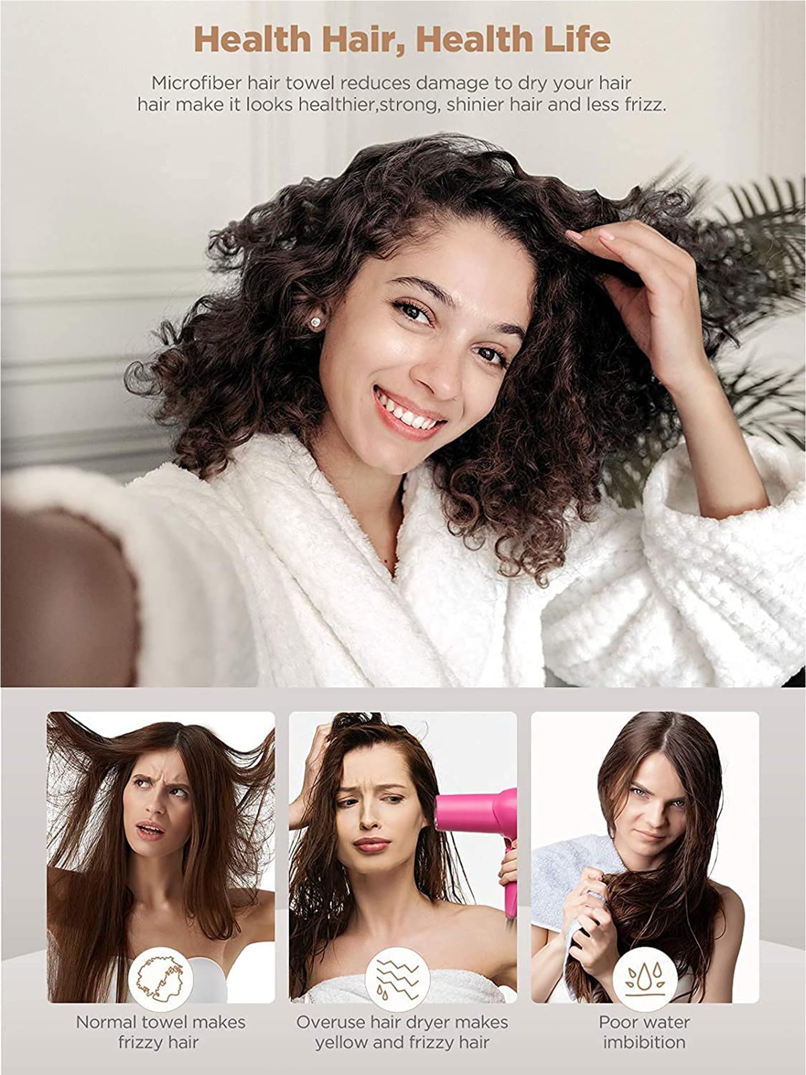 KU 3 Pezzi Asciugamano Microfibra, Turbante Asciugacapelli, Super Assorbente ad Asciugatura Rapida, Cura dei Capelli，Ideale per Donne&Bambini Capelli Lunghi, Corti, Ricci (Grigio Rosa Blu)