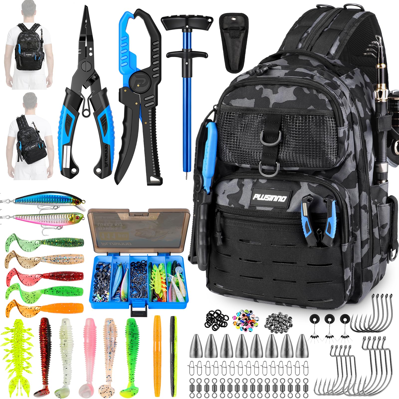 PLUSINNO Fishing Gear, Fishing Backpack with Tackle Box, Waterproof tackle Backpack with Rod Holders, Lures, Tools, Pliers & Accessories, Fish Gifts for Men