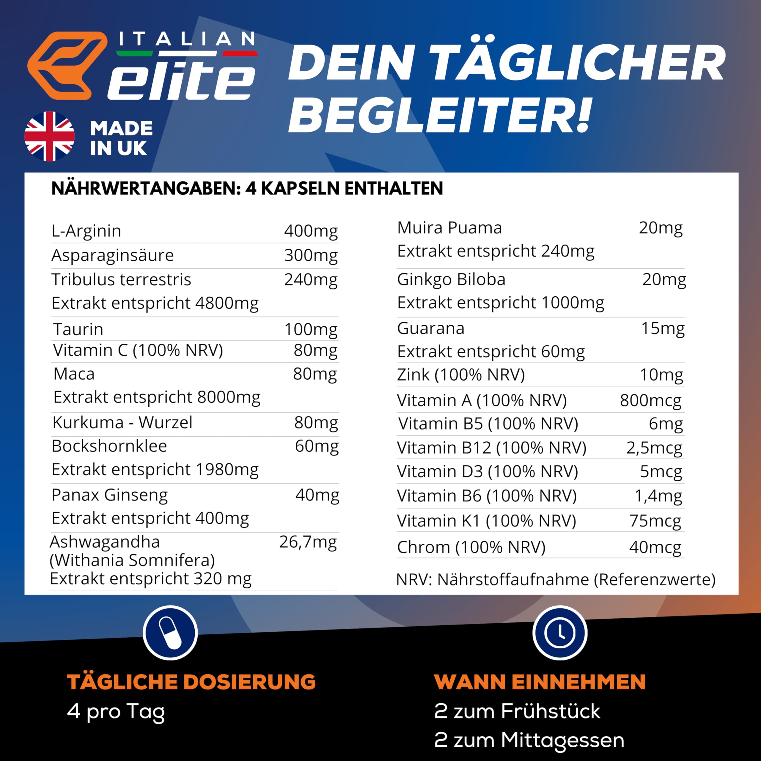 Italian Elite - Testo Complex 240 Kapseln mit Maca 8000 mg. Nahrungsergänzungsmittel mit Tribulus, Bockshornklee, Zink, Arginin, Ashwagandha, Vitaminen und Mineralstoffen