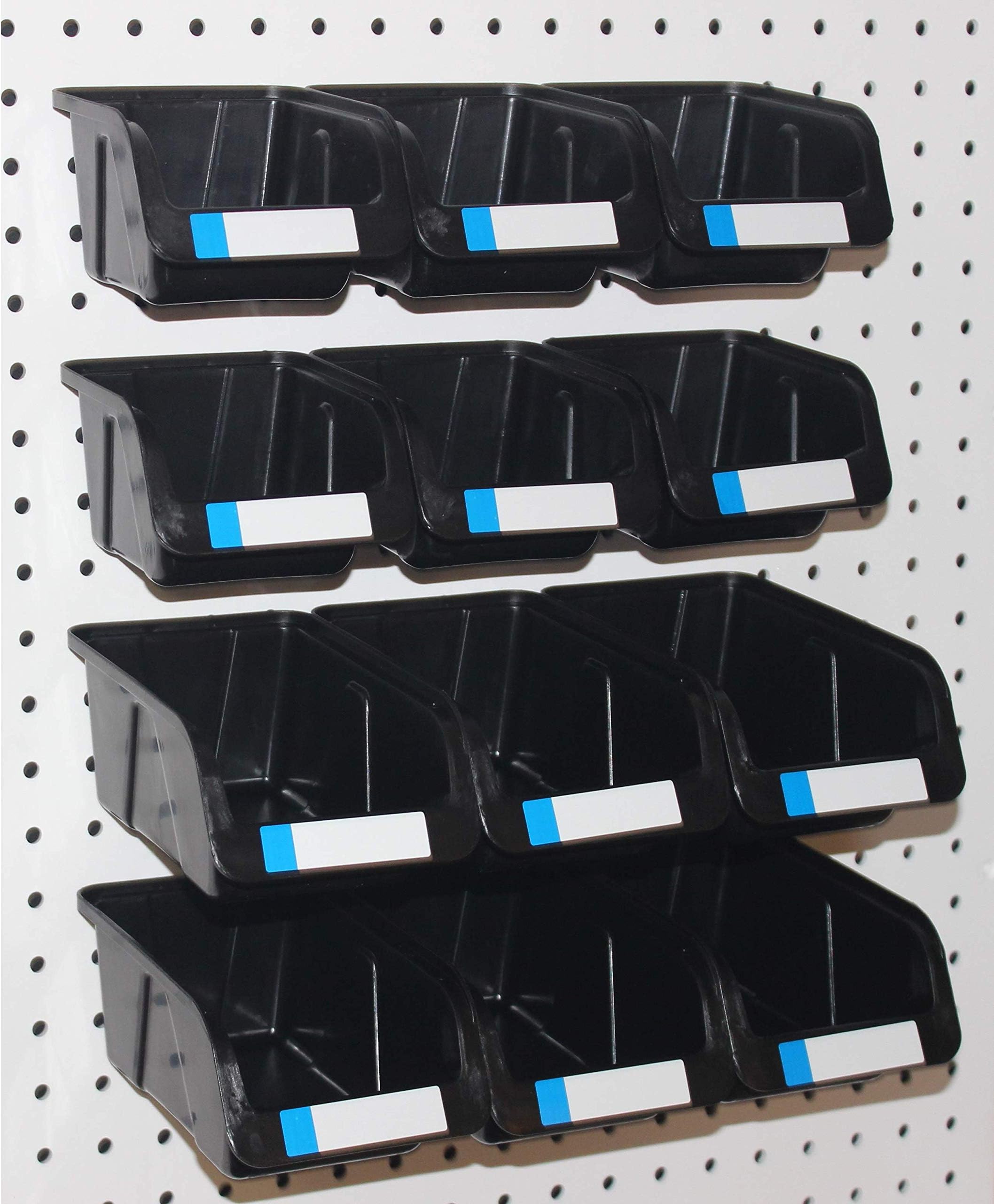 WallPegPegboard Bins - 12 Pack - Hooks to Peg Board - Organize Hardware, Accessories, Workbench, Garage Storage, Craft Room, Tool Shed, (6 ea. 7" & 6 ea. 5" Bins)