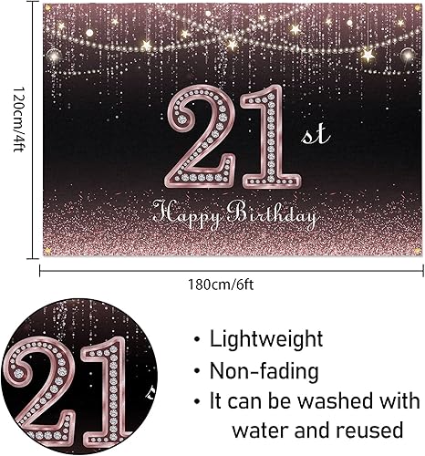 Miniatura 2 de HAMIGAR Fondo de pancarta de feliz cumpleaños 21 de 6 x 4 pies, decoraciones de cumpleaños de 21 años, suministros de fiesta para mujeres, oro rosa