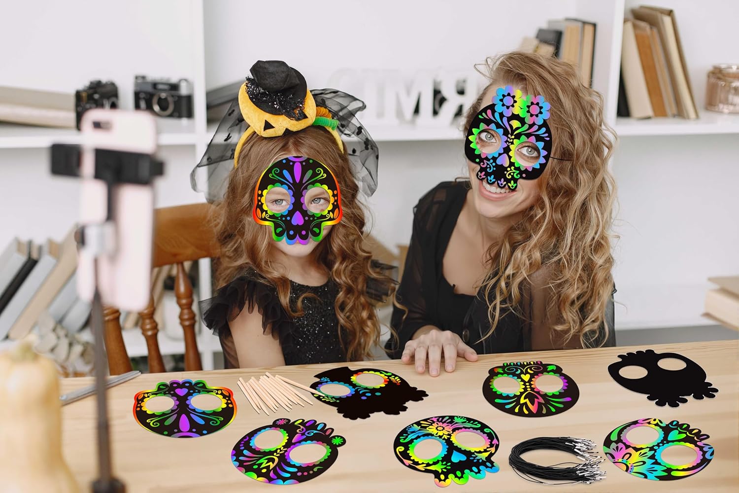 Eternity sky 65pcs Day of the Dead Mask Decorations – Dia de Los Muertos Rainbow Scratch Art Sugar Skull Crafts, Bulk Halloween Paper Kit for Kids, Pirate Party Favors