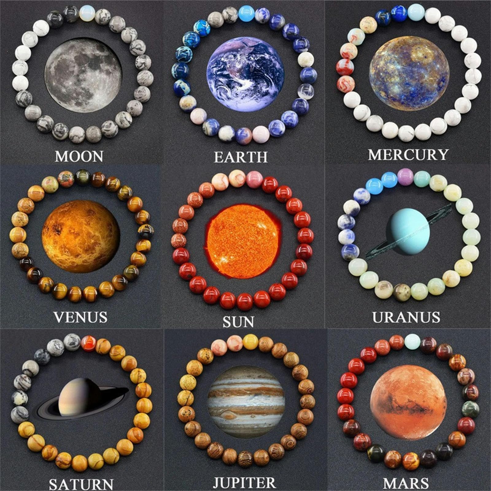 Bracciale Feng Shui Planetario in Pietra Naturale per Uomo E Donna - Universo Sistema Solare in Perline Con Otto Pianeti Fatti A Mano - Luna