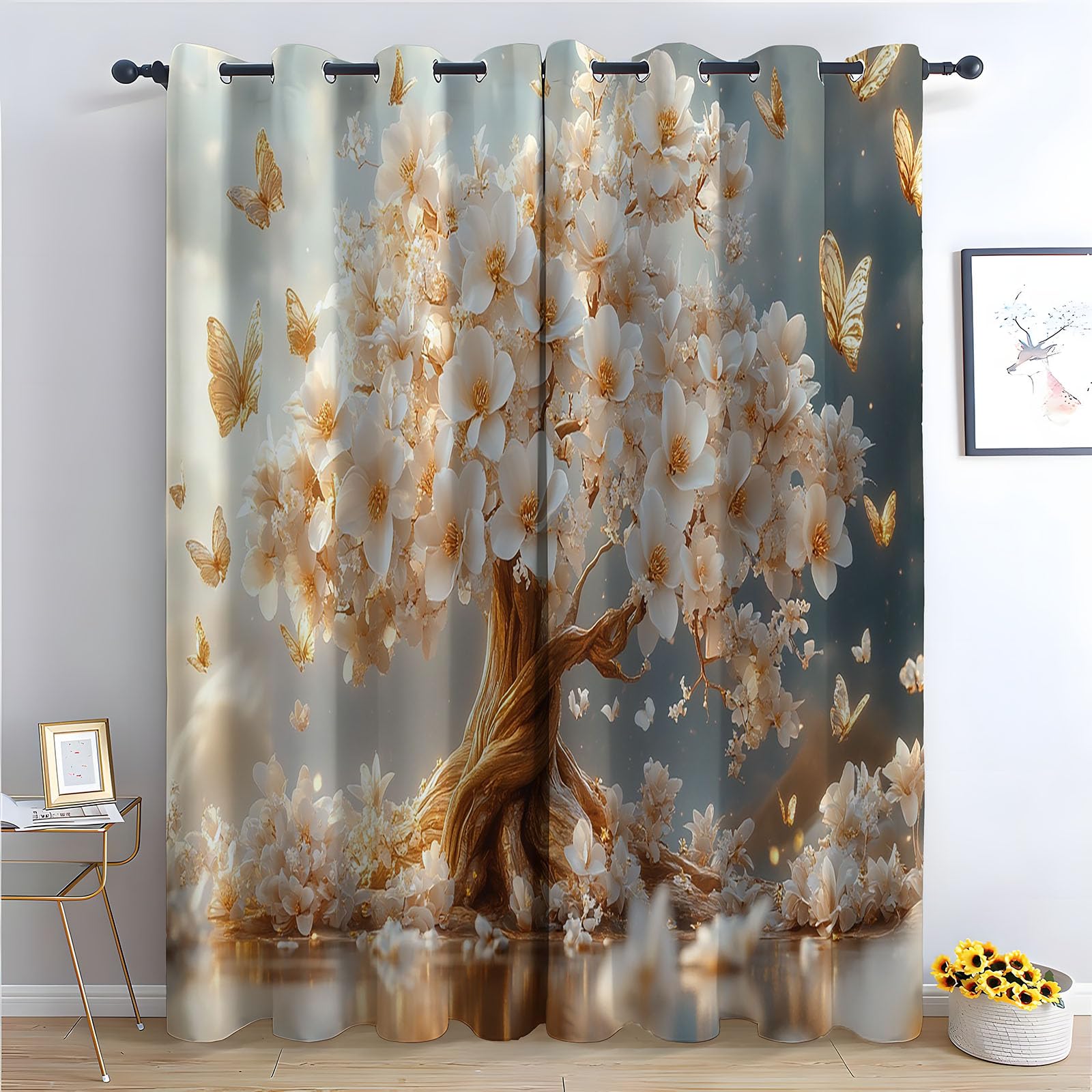 TERUEA Forest Scene Print Pattern Window Drapes for Bedroom Living Room Luxurious golden blossom tree butterflies soft cloudy sky Night Sky Curtains,-52" W x 72" L (Pack of 2)