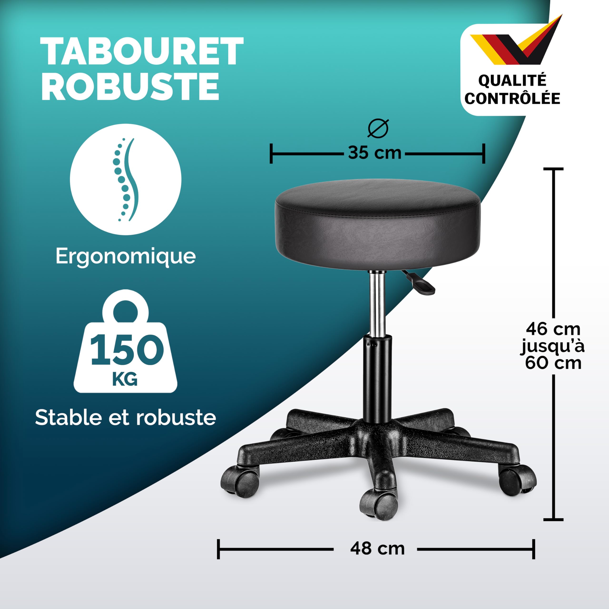 Casaria® Tabouret de Bureau Noir pivotant 360° Hauteur réglable 46-60 cm avec roulettes siège Rembourrage 10 cm