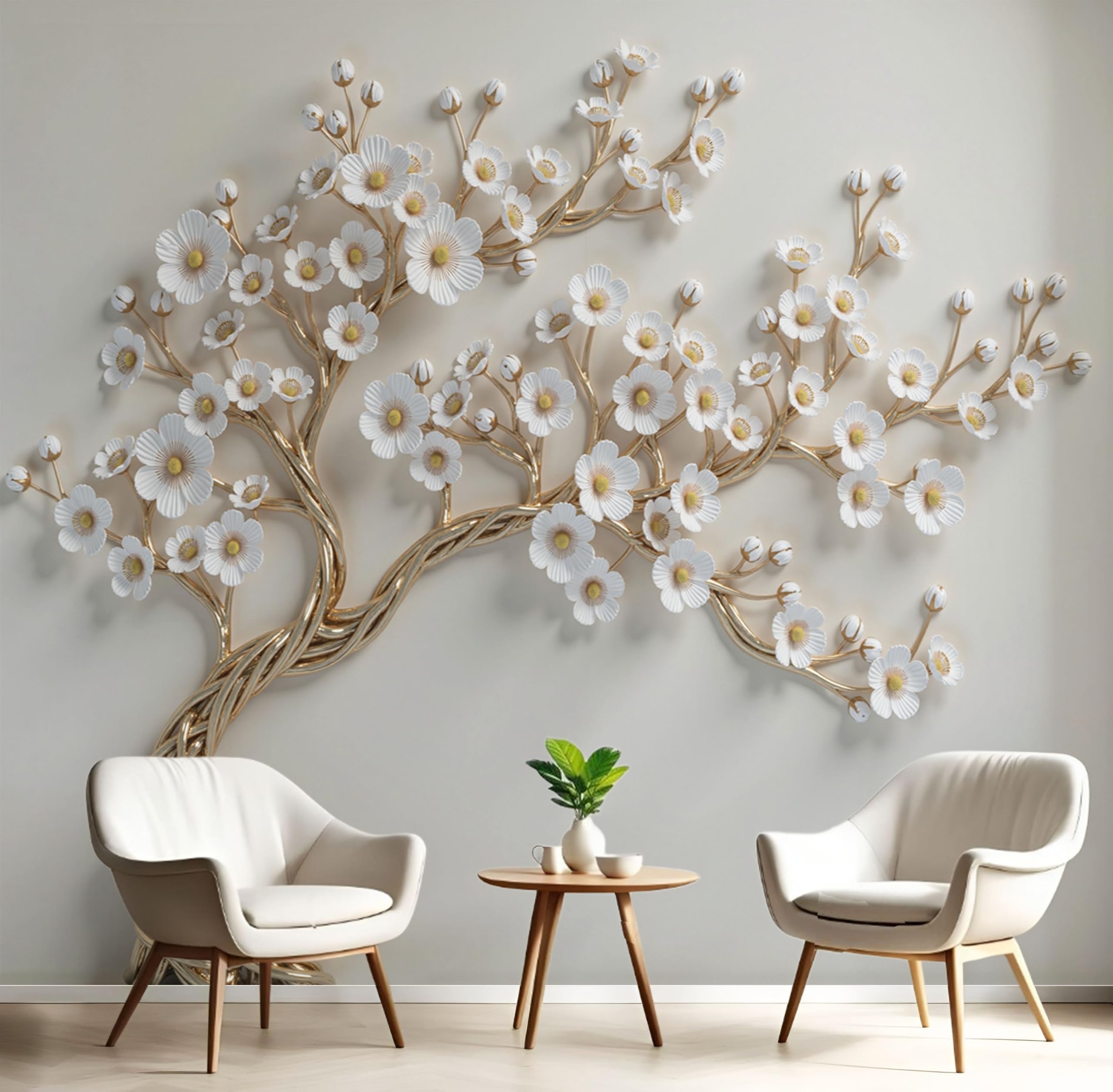Papier peint panoramique 3D en soie de luxe pour salon | Grand format décoratif beige élégant