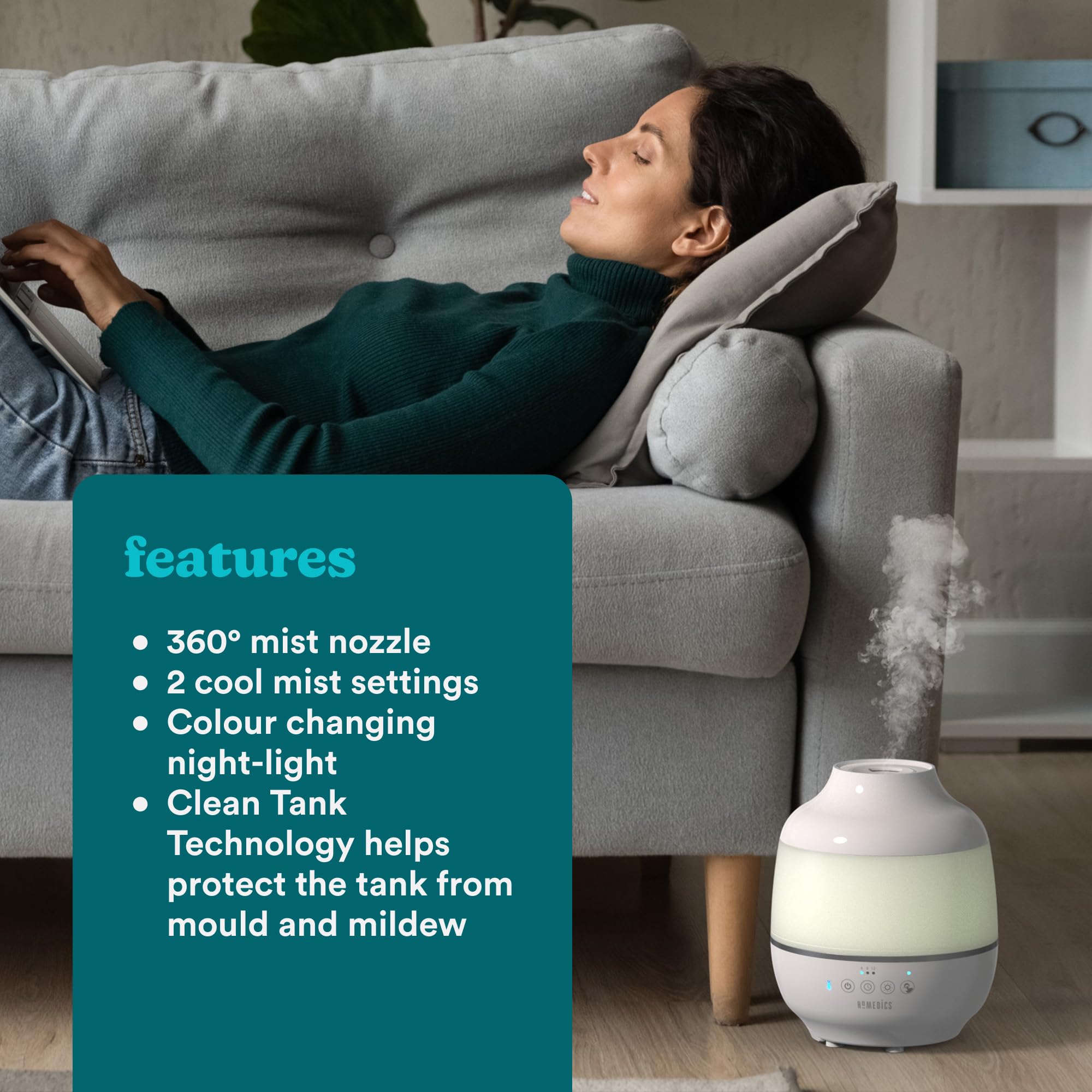 HoMedics Total Comfort Cool Mist Ultradźwiękowy nawilżacz powietrza – 7-kolorowa lampka nocna, 12-godzinny timer automatycznego wyłączania i cicha praca dla idealnego odpoczynku