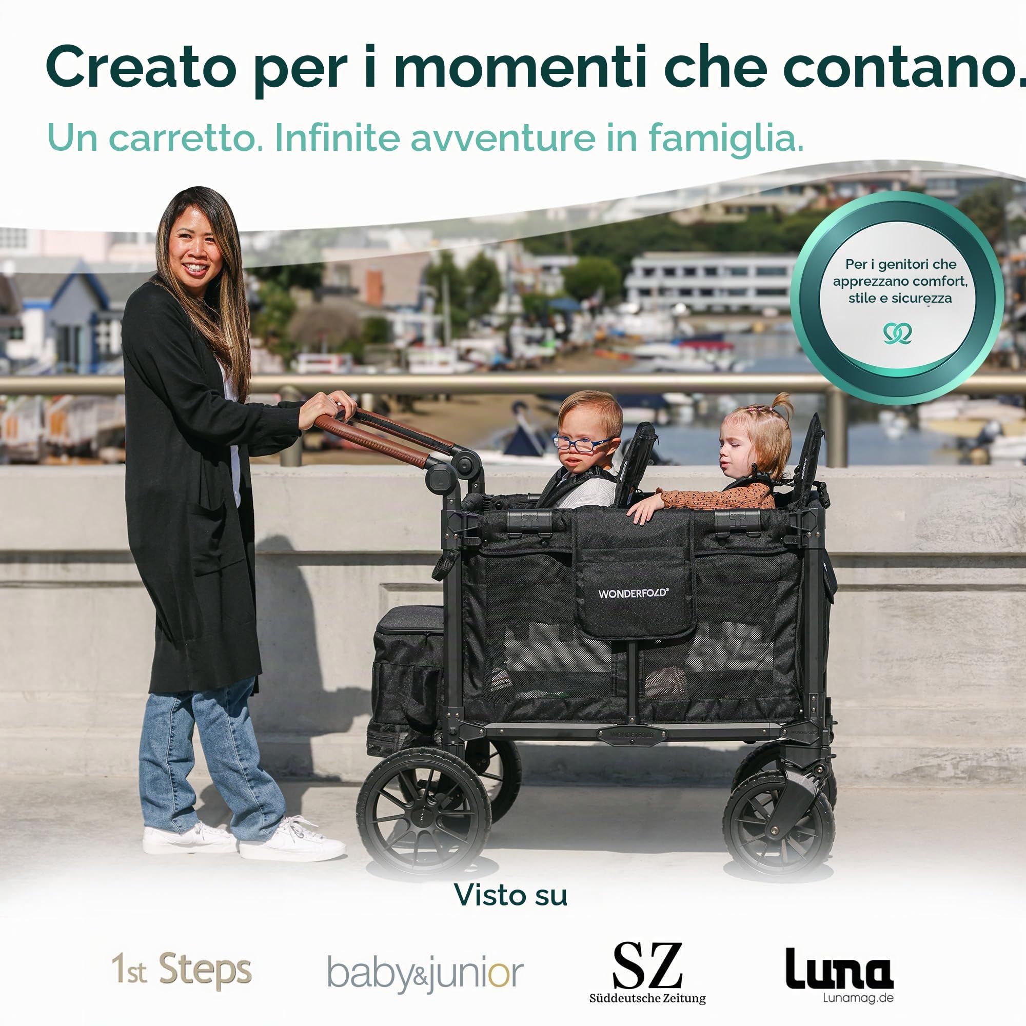 WONDERFOLD W2 Luxe Pro Passeggino (2 posti) – Passeggino pieghevole con sedili con cinture di sicurezza a 5 punti e tettuccio parasole regolabile, nero corvino