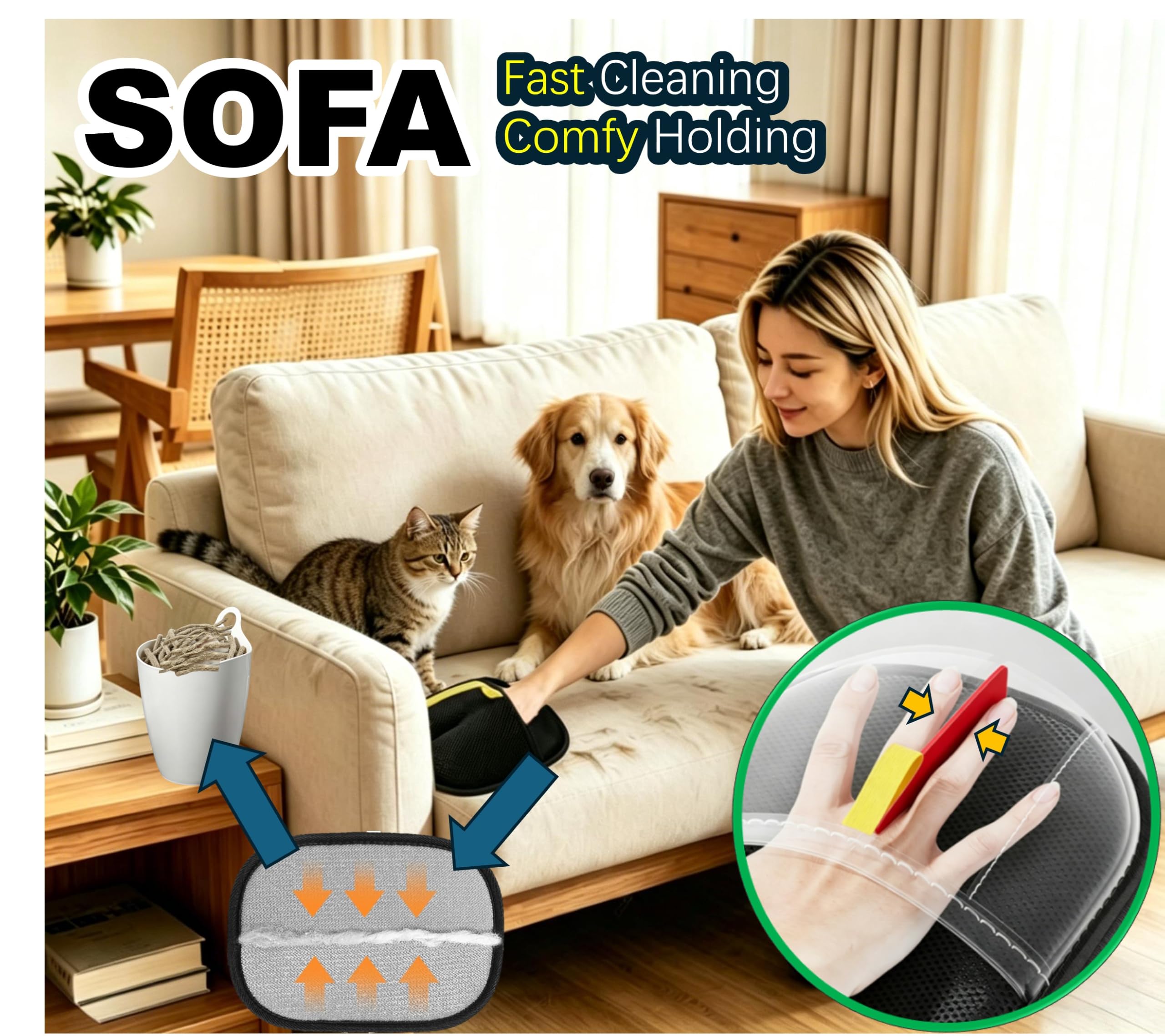 QUALIALL Guanto per la rimozione dei peli di animali domestici, spazzola magica elettrostatica per mobili, auto e divano, confezione da 6 guanti lavabili per la rimozione dei peli di cani e gatti