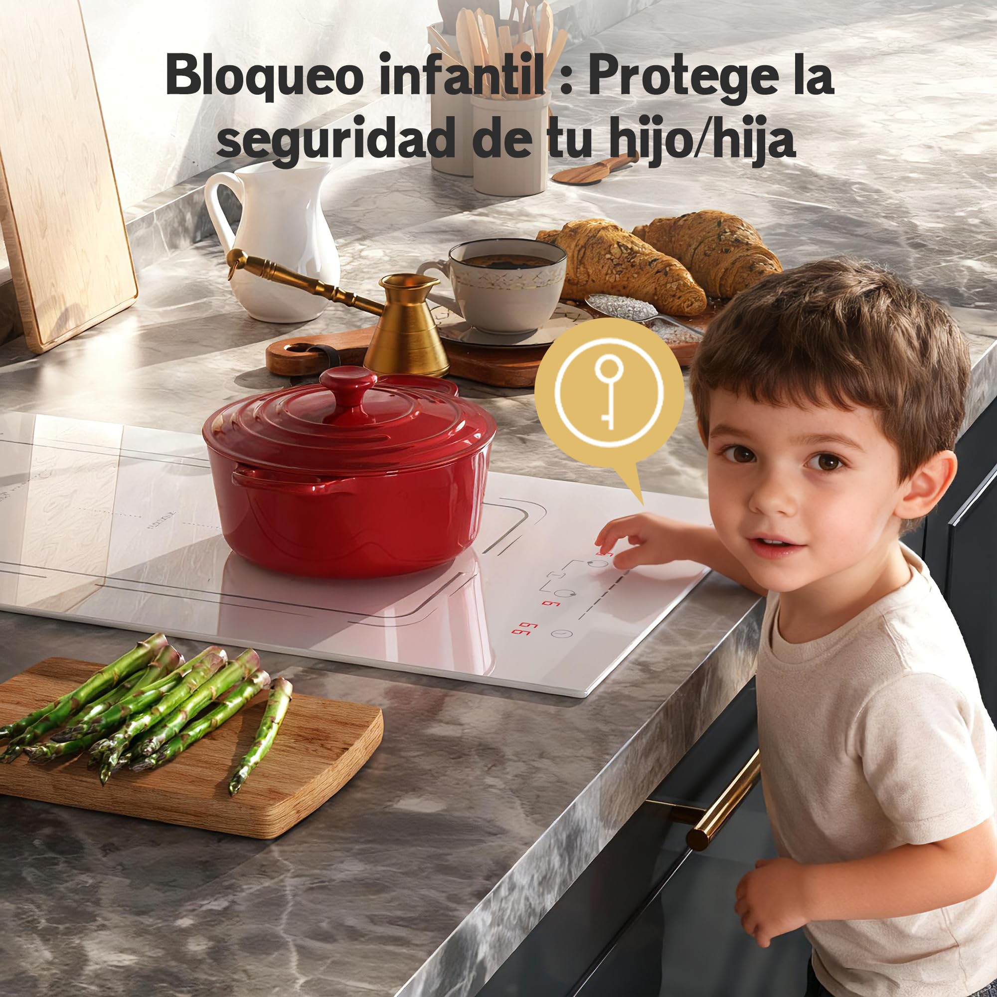 Placa inducción Disaenvir de 2 Fuegos Empotrable, Blanco, 30 cm, 3500 W, enchufe de 220 V, 9 Niveles de Potencia, Función Boost, Temporizador y Protección Antitoque, Flexible