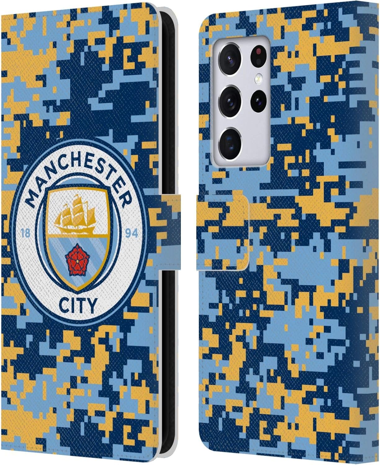 Head Case Designs Officially Licensed Manchester City Man City FC Brick Bluemoon Digital Camouflage Leather Wallet Case Compatible with Samsung Galaxy S21 Ultra 5G