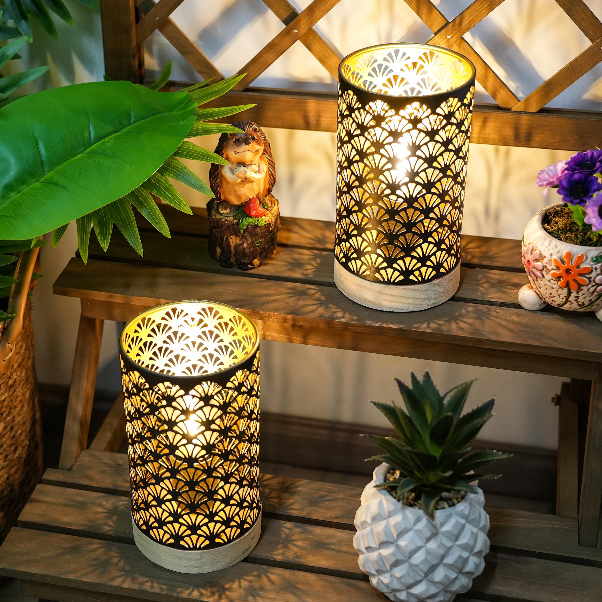 JHY DESIGN Lot de 2 lampes en métal fonctionnant avec piles - Hauteur - Avec minuterie de 6 heures - Pour mariage, fête, terrasse, jardin, intérieur, extérieur, table, balcon (base en bois)