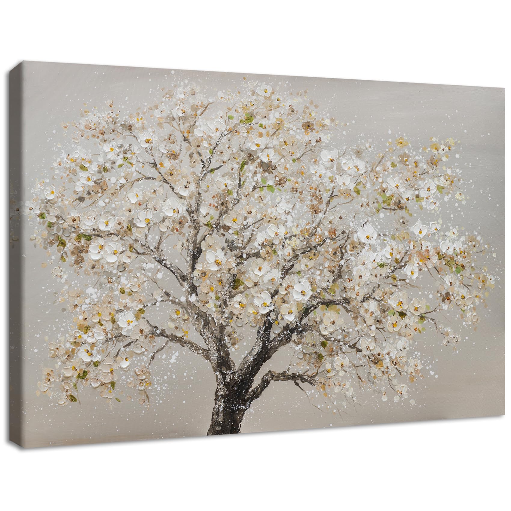 Wooden Framed Canvas Wall Art Blossom Cerasus Tree Painting Poster Gallery Wrapped Canvas Prints Wall Artwork Khaki Floral Pictures for Living Room Bedroom Bathroom Hallway Home Wall Decor 30x40 cm