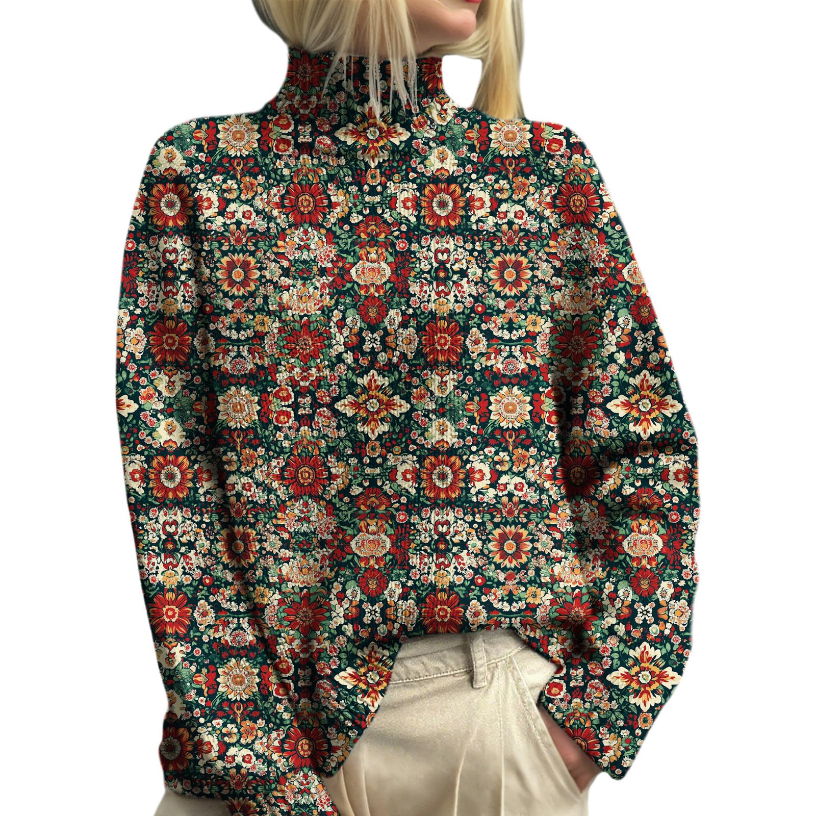 Womens Boho Floral Printed Knitted Sweaters Casual Long Sleeve Turtleneck Warm Fall Winter Chunky Pullover Tops 2025