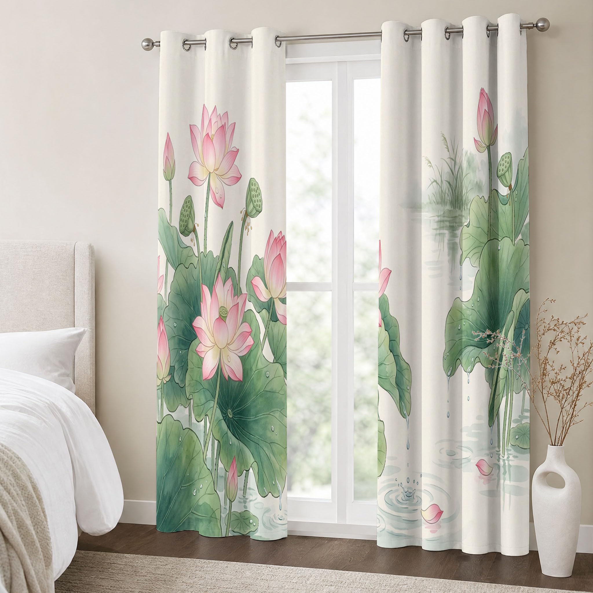 Cortinas Opacas De Paisaje De Loto Chino Plantas Frescas En Acuarela | Juego De 2 Unidades, Cortinas Opacas con Ojales, Blanco, Aislamiento Térmico para Salón Dormitorio, 140Anx240Al Cm