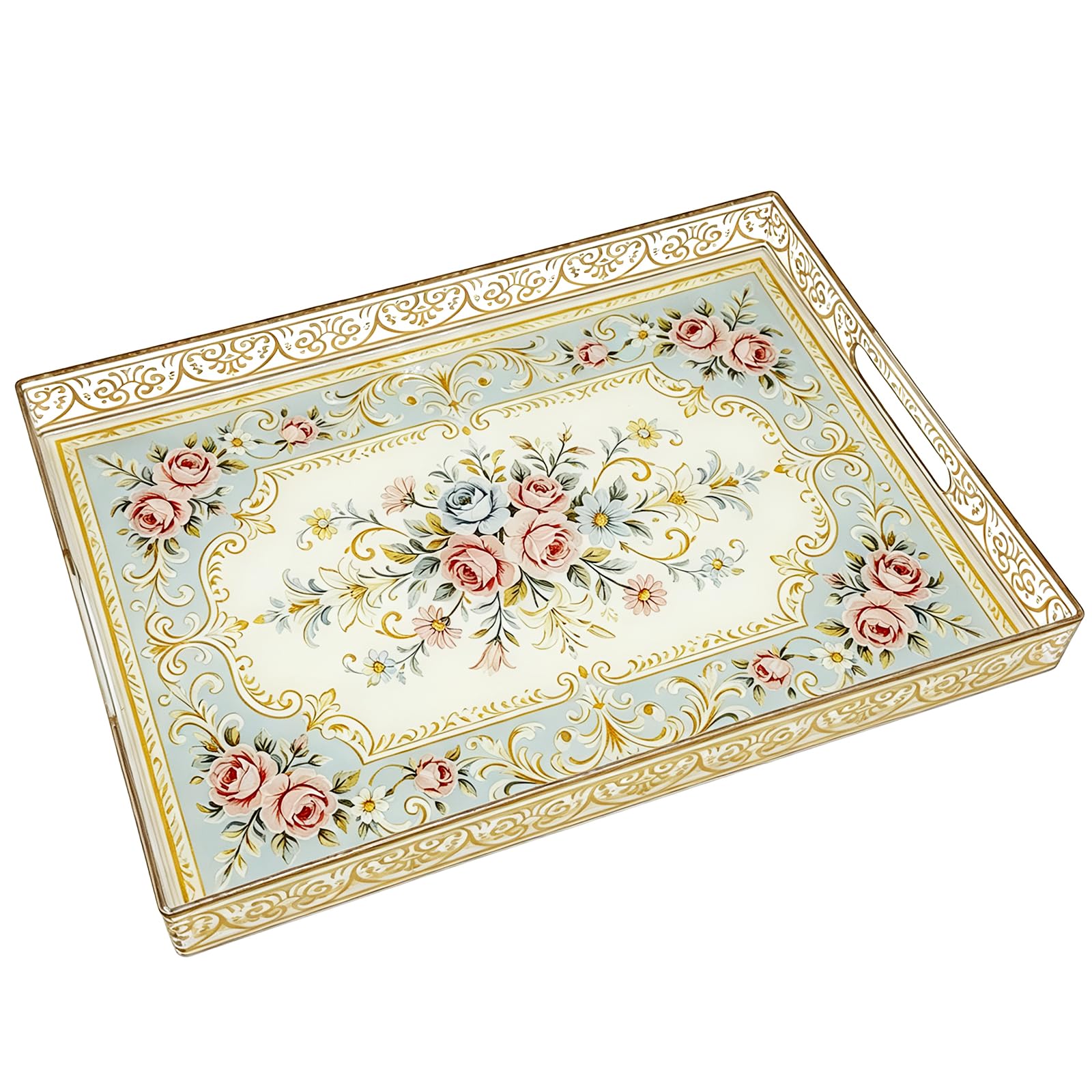 Serving Tray with Handle, 15.7" x 11.8" for Coffee Table &amp; Livingroom, Blue Decorative Trays for Ottoman