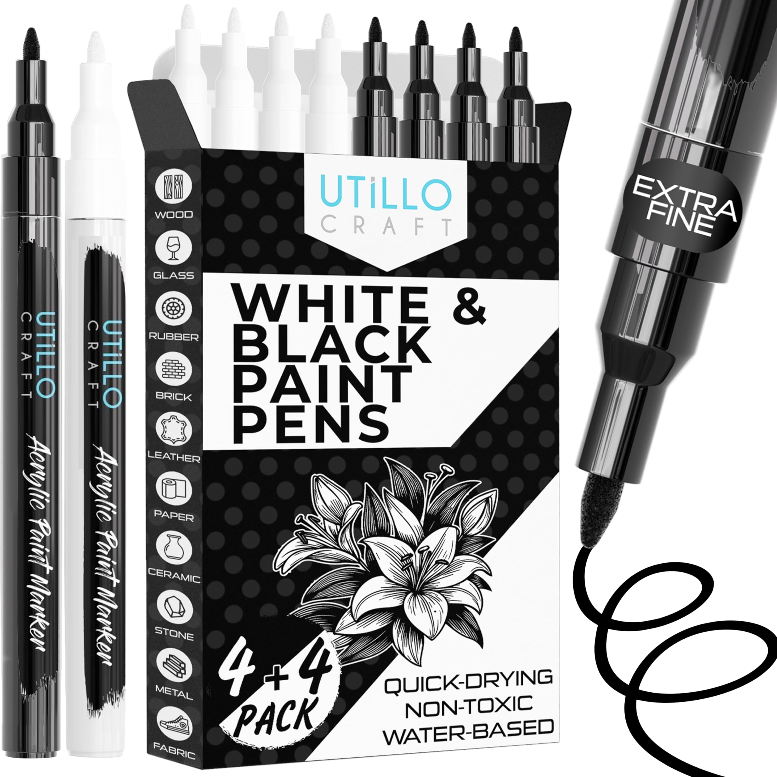 Utillo Craft Black and White Paint Pens (8-Pack) Extra Fine 0.7mm | Paint Markers for Metal, Fabric, Wood, Glass, Paper, Plastic, Rock, Leather | Bold Color Permanent Black and White Acrylic Markers